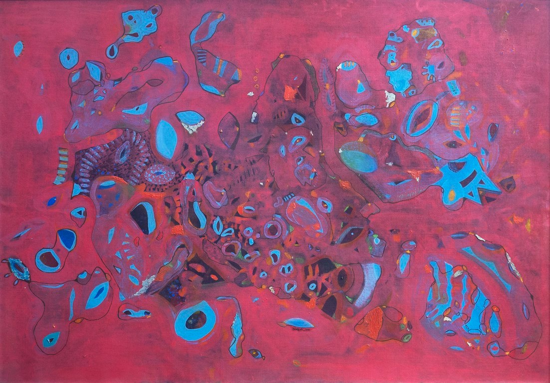 A painting of a red background with blue and red shapes.