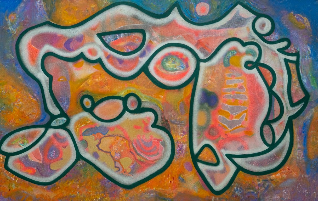 A painting of a pair of shoes on a colorful background.