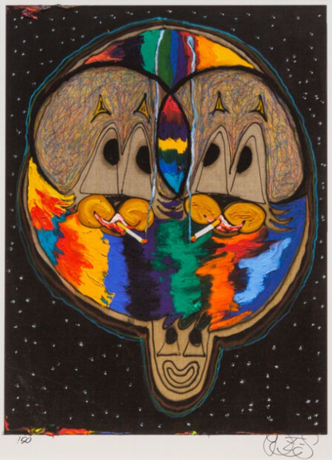 A painting of a skull with a cigarette in its mouth.