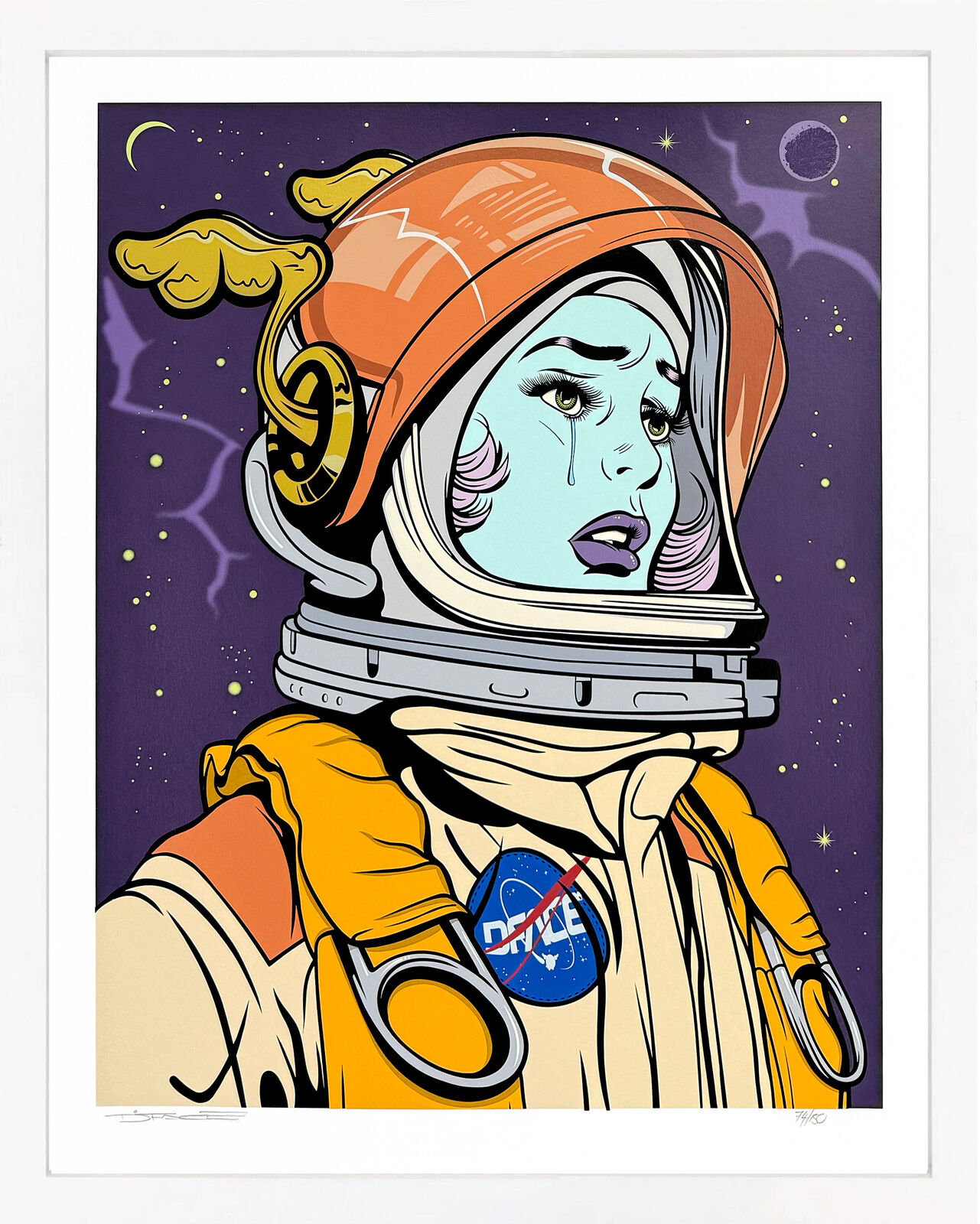 A painting of a woman in a space suit with a helmet on.