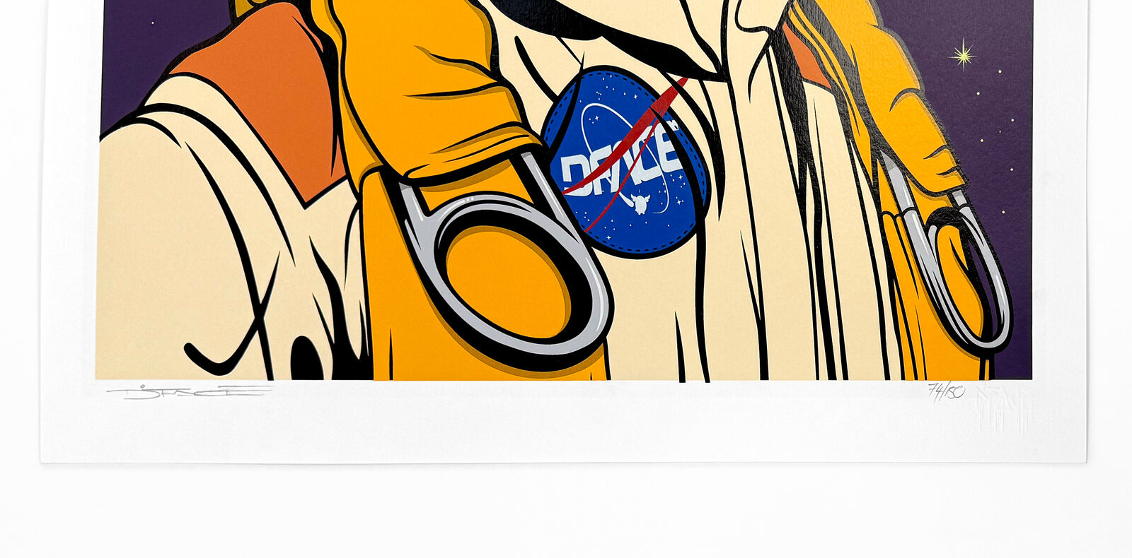 A painting of a woman in a space suit with a helmet on.