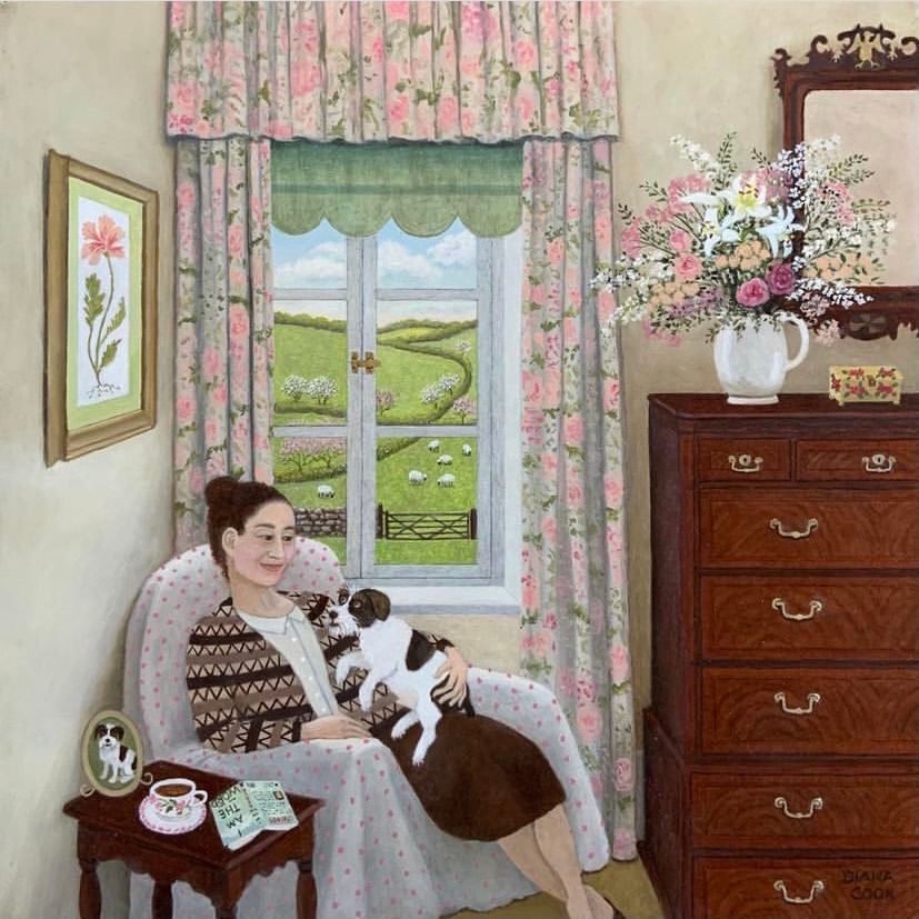 A painting of a woman sitting in a chair with a dog.