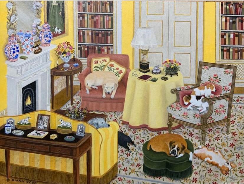 A painting of a living room filled with furniture and dogs.
