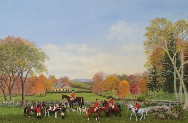 a painting of a group of people riding horses in a field