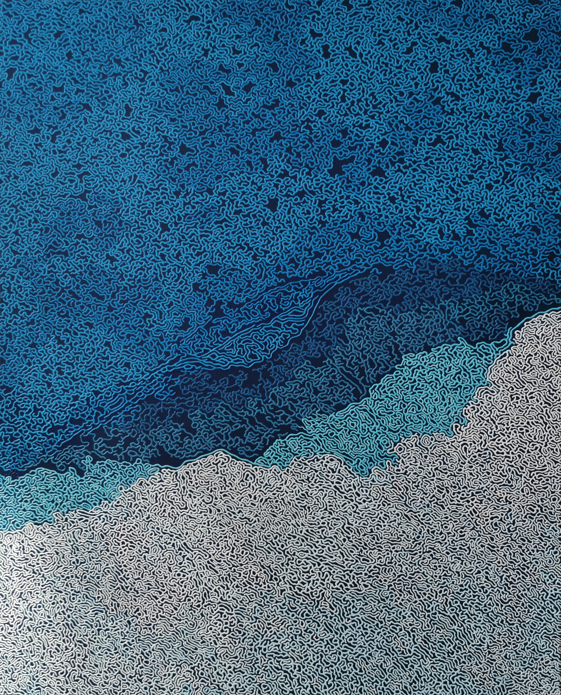 A blue and white abstract background with a pattern of clouds.