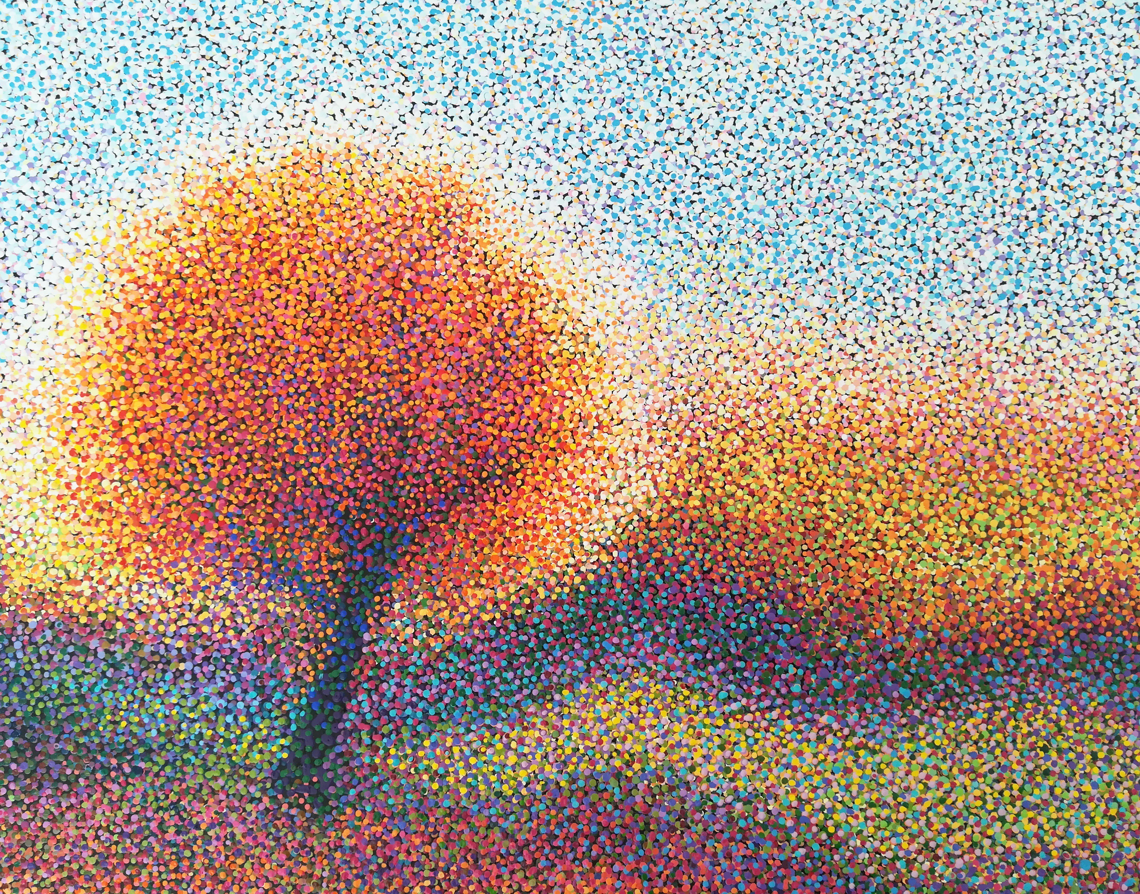 A painting of a tree in the middle of a field.