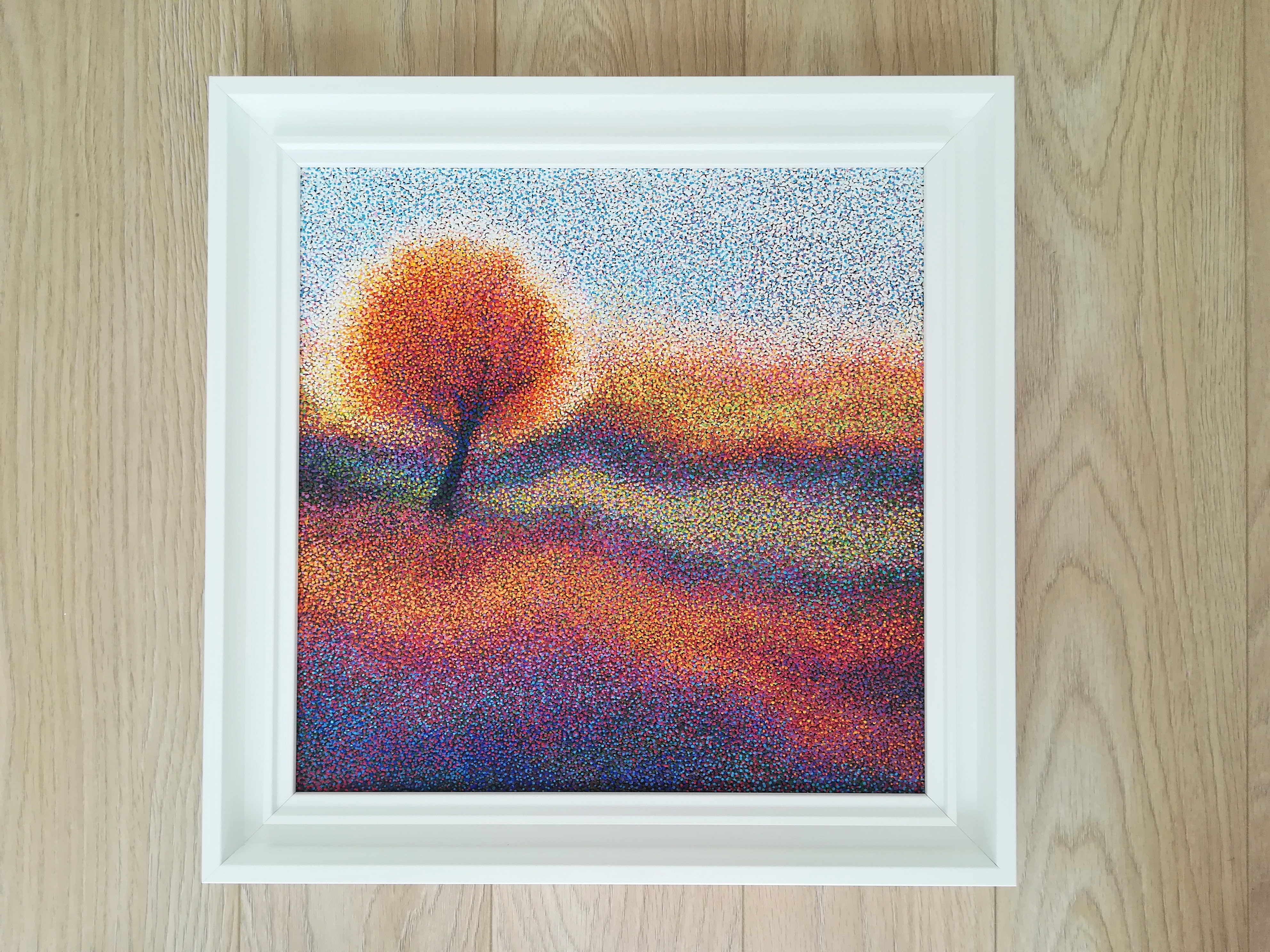 A painting of a tree in the middle of a field.