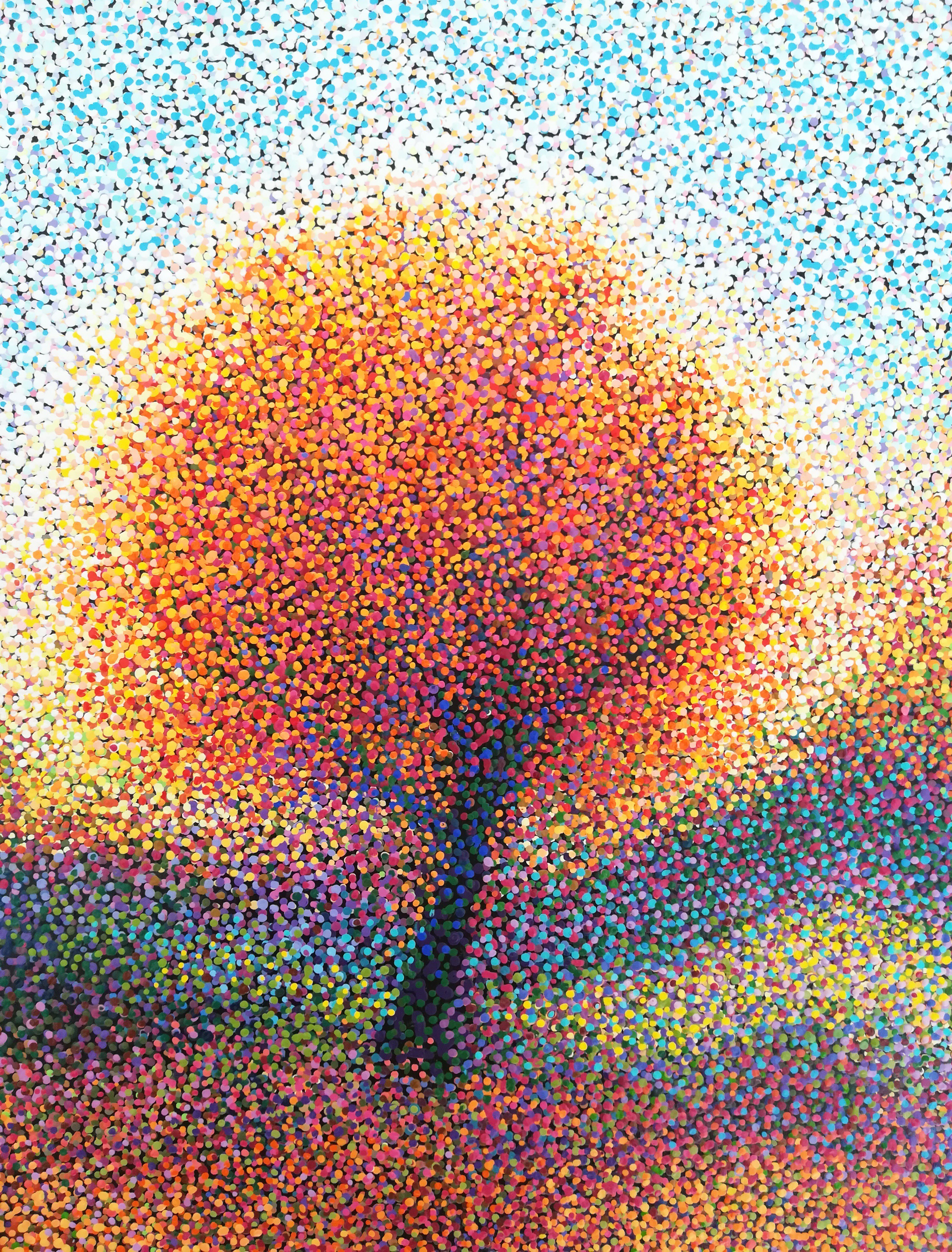 A painting of a tree in the middle of a field.
