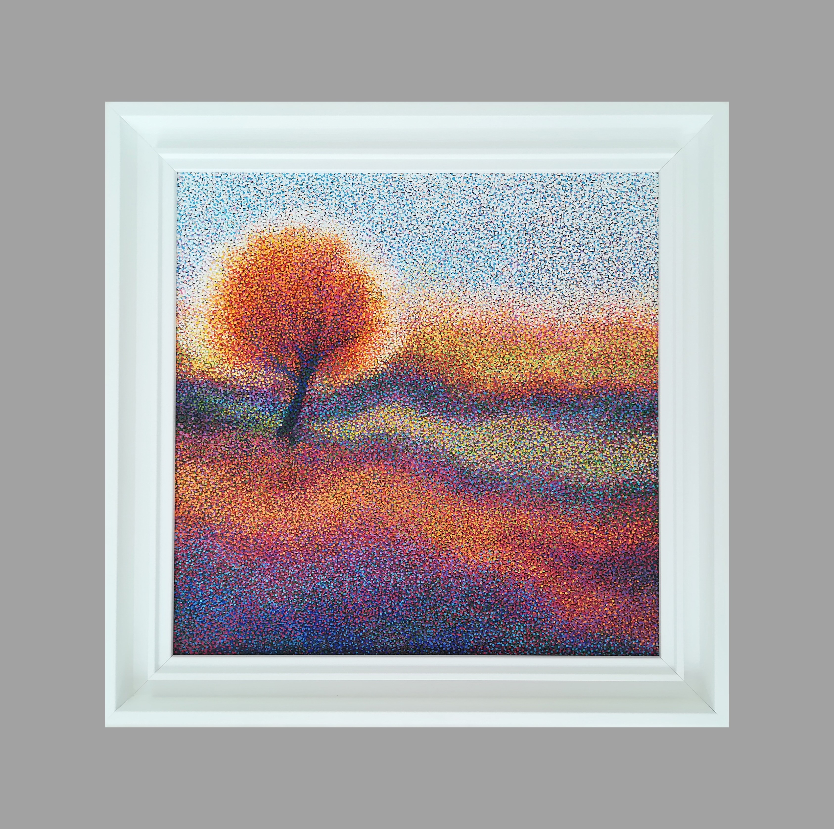 A painting of a tree in the middle of a field.