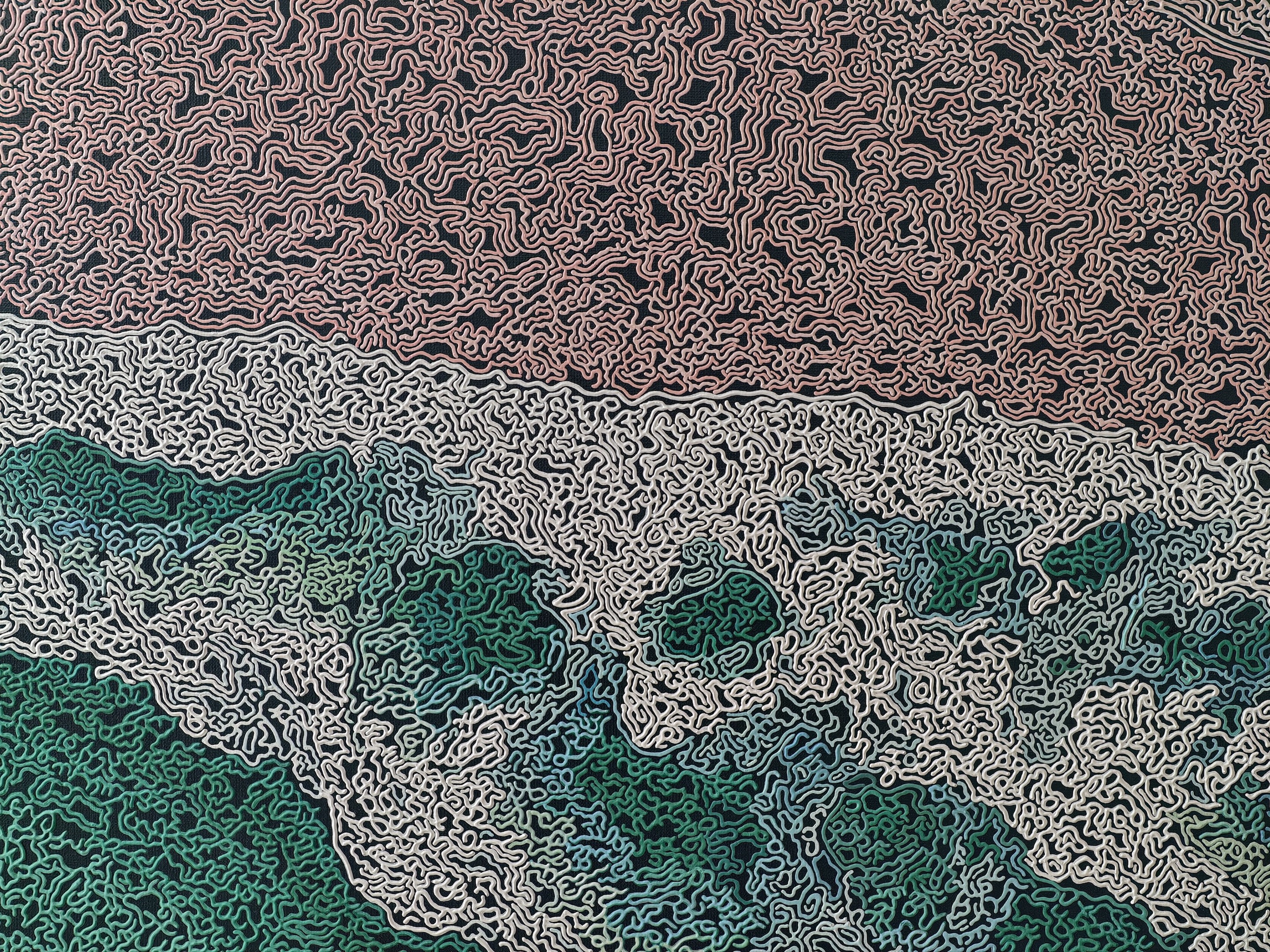 A rug on a wooden floor with a painting on it.