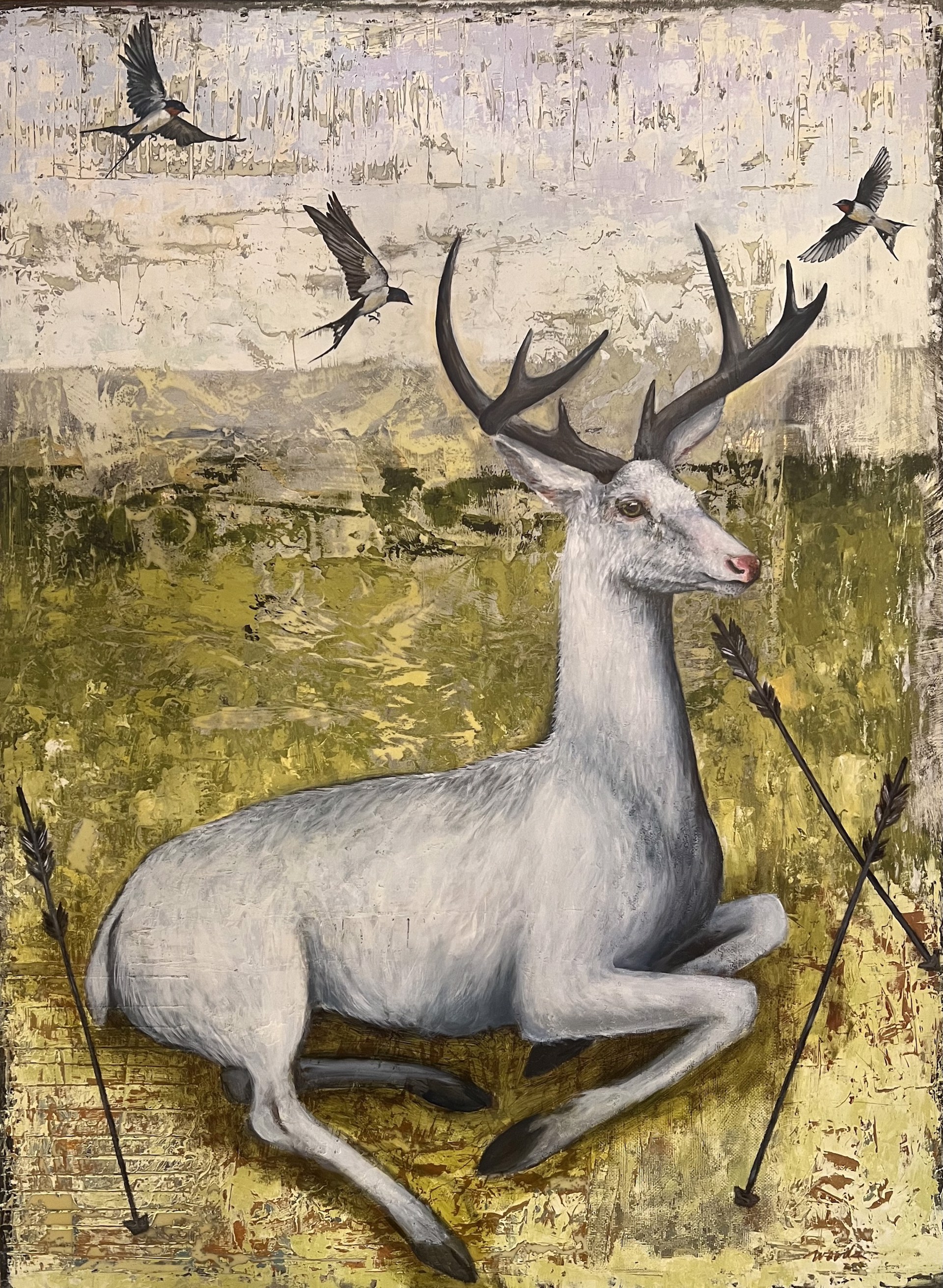 A painting of a white deer with antlers and birds flying around it.