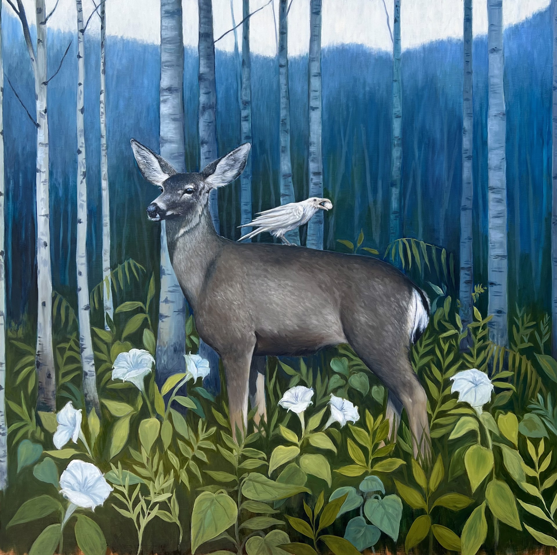 A painting of a deer in the woods with a bird perched on its back.