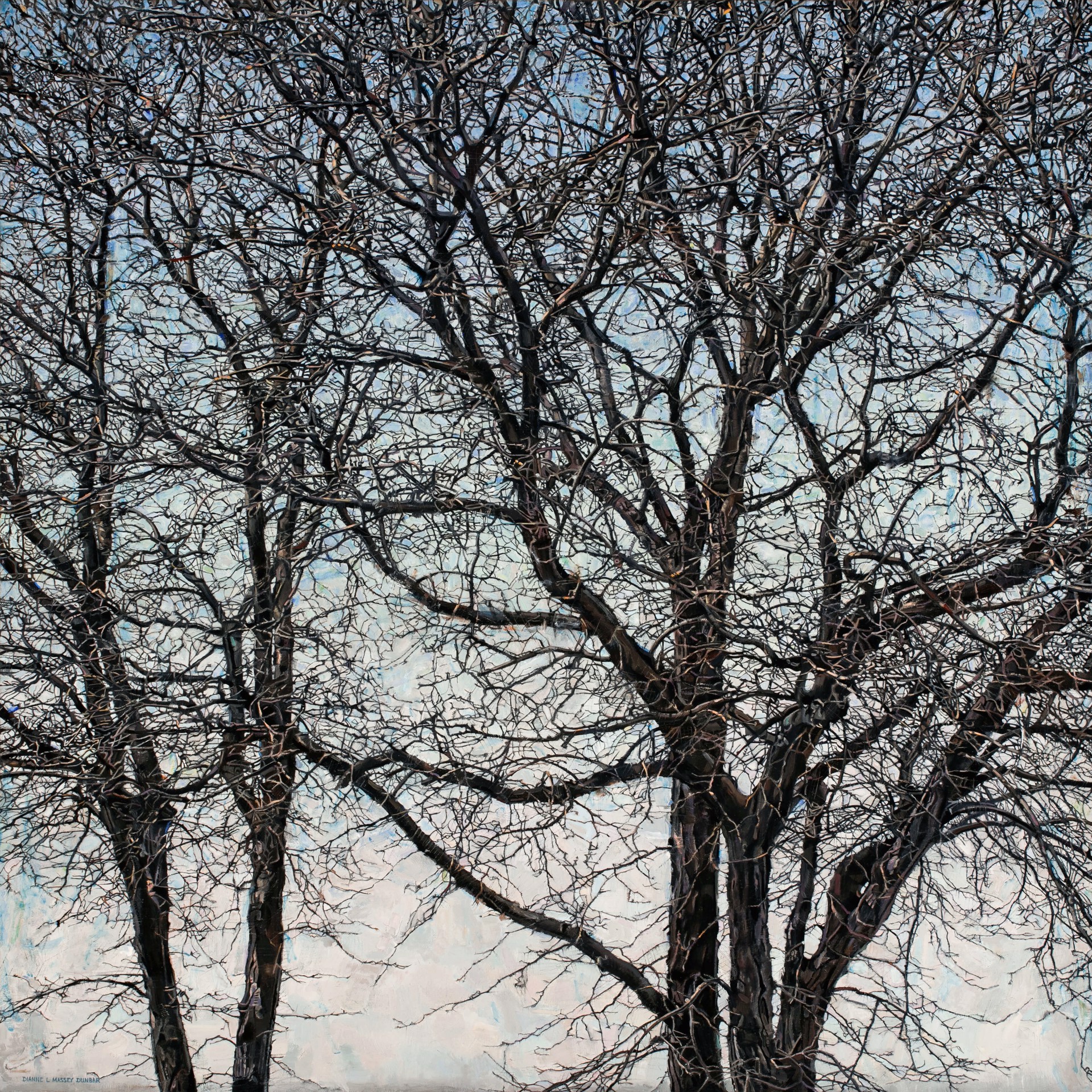 A painting of bare trees with no leaves on them. 