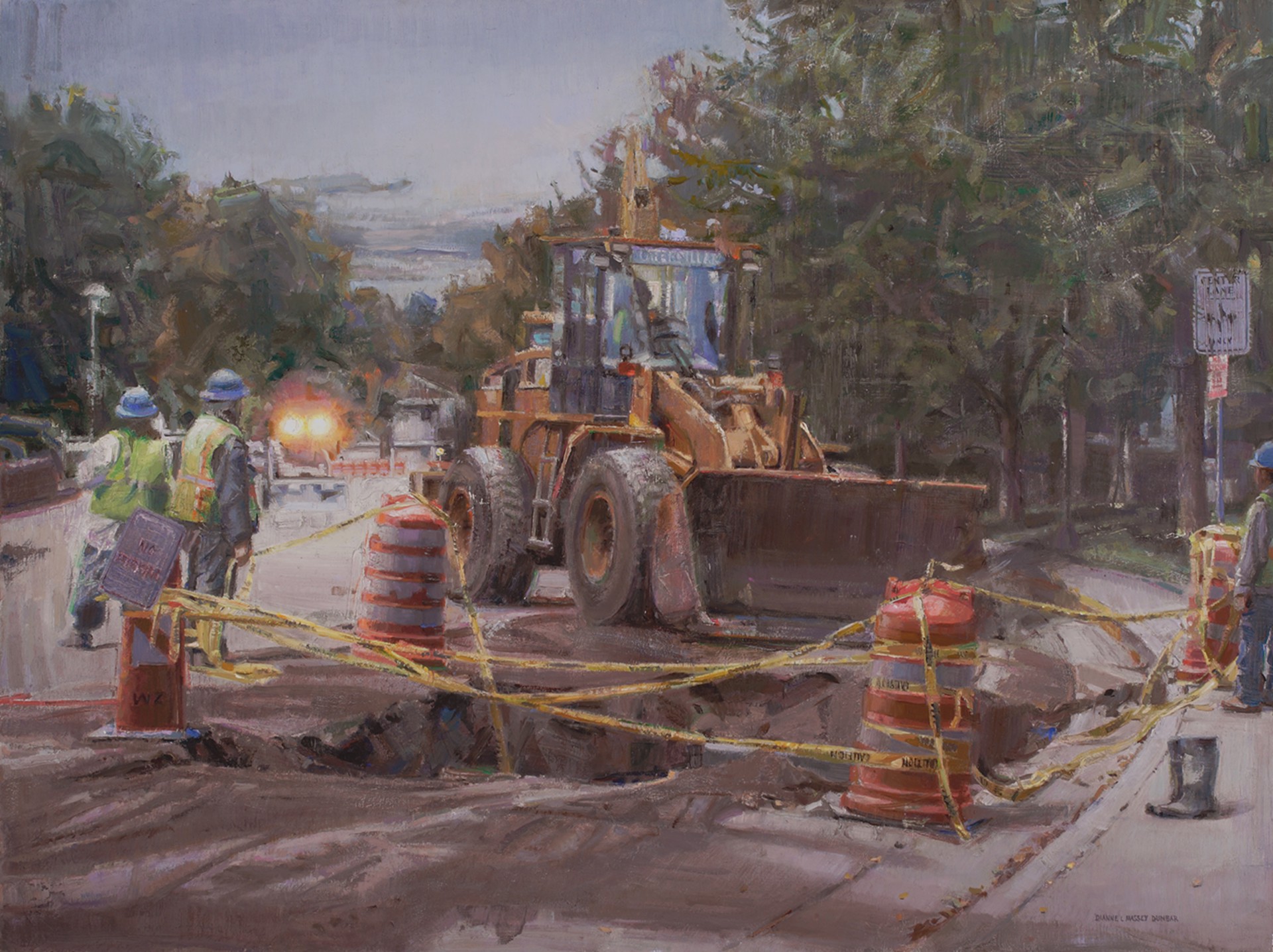 A painting of construction workers working on a construction site.