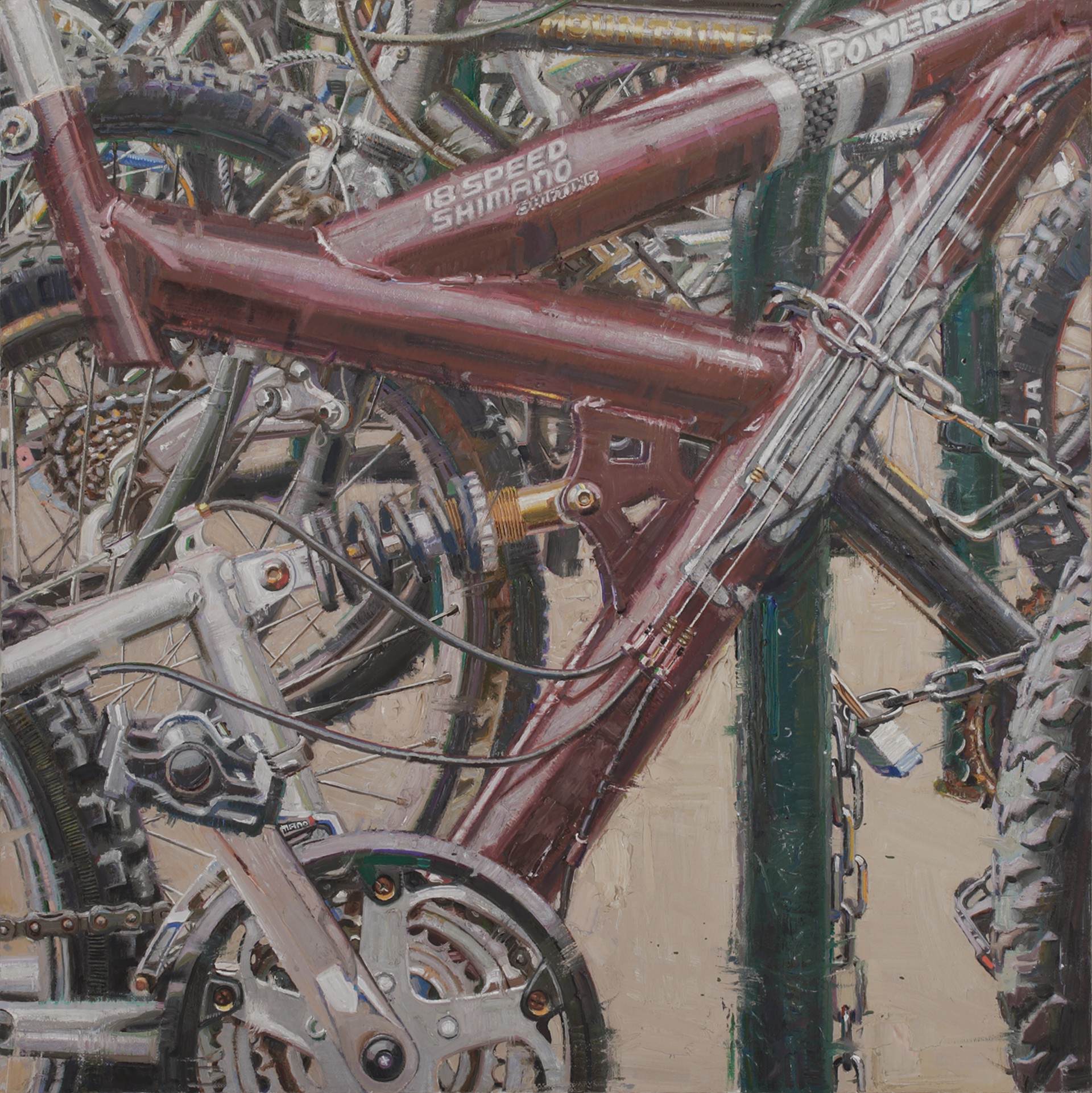 A painting of a bike that is leaning against a wall.