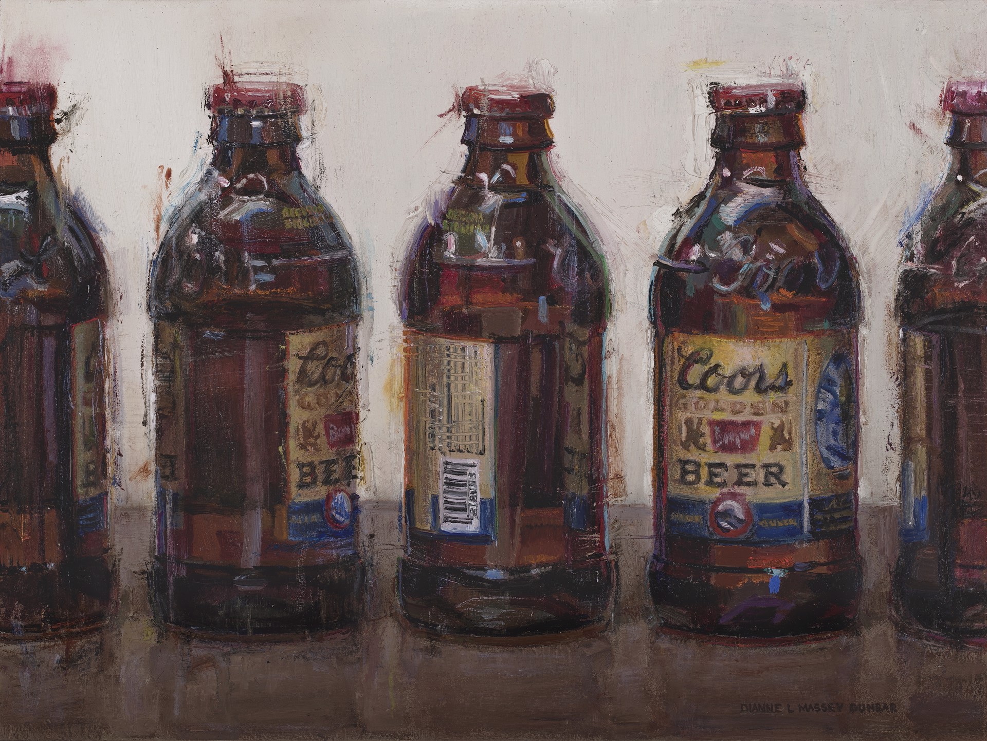 A painting of four bottles of beer sitting on a table.