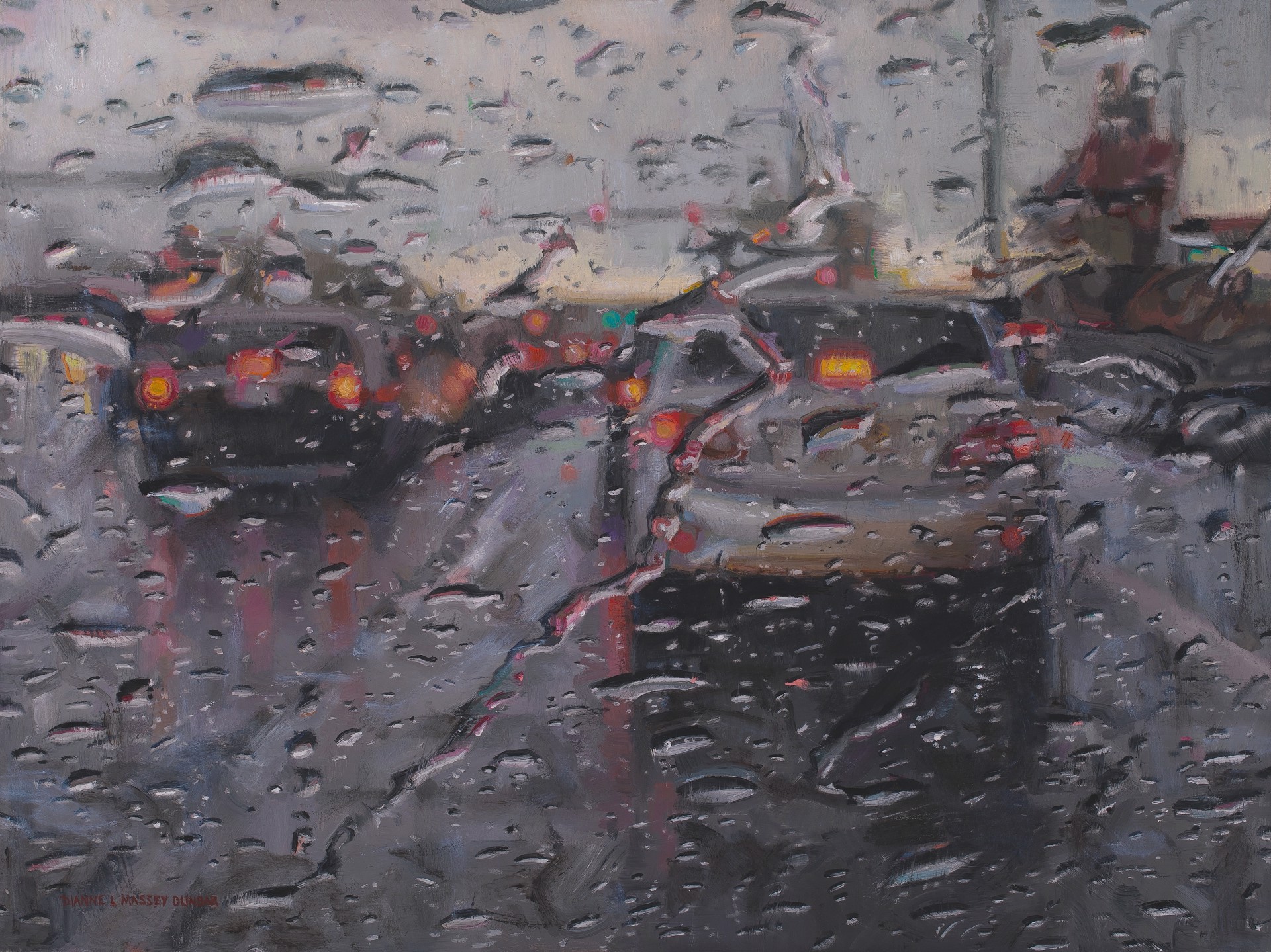 A painting of cars driving on a rainy day in the rain.
