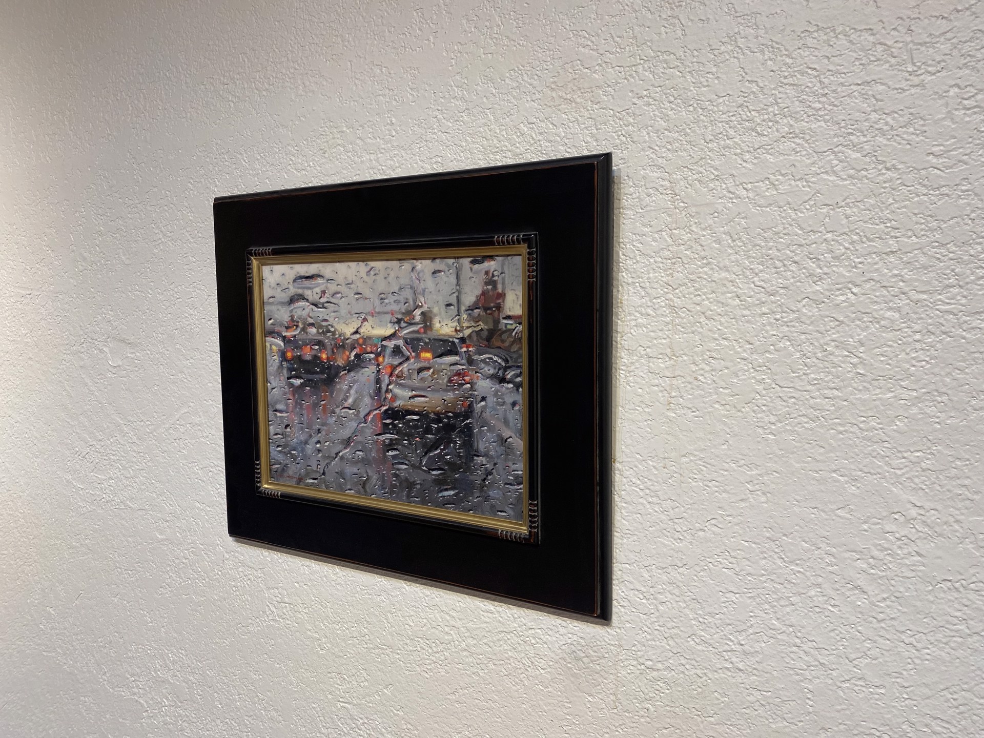 A painting of cars driving on a rainy day in the rain.