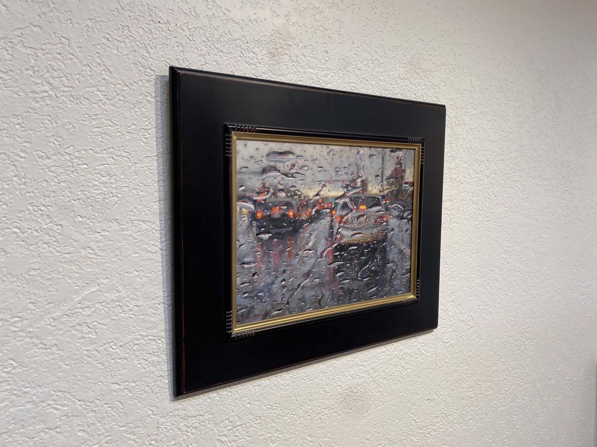 A painting of cars driving on a rainy day in the rain.