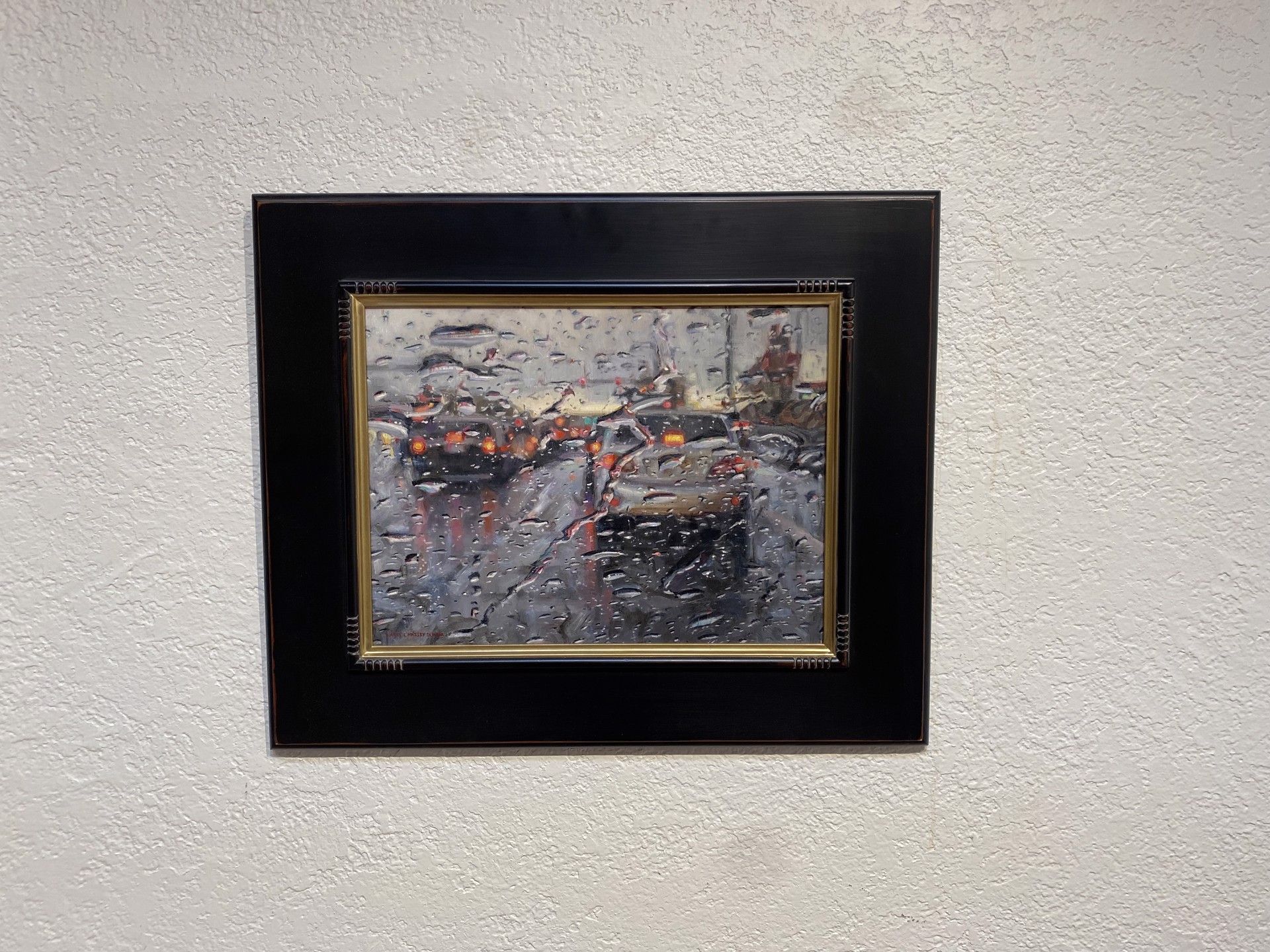 A painting of cars driving on a rainy day in the rain.