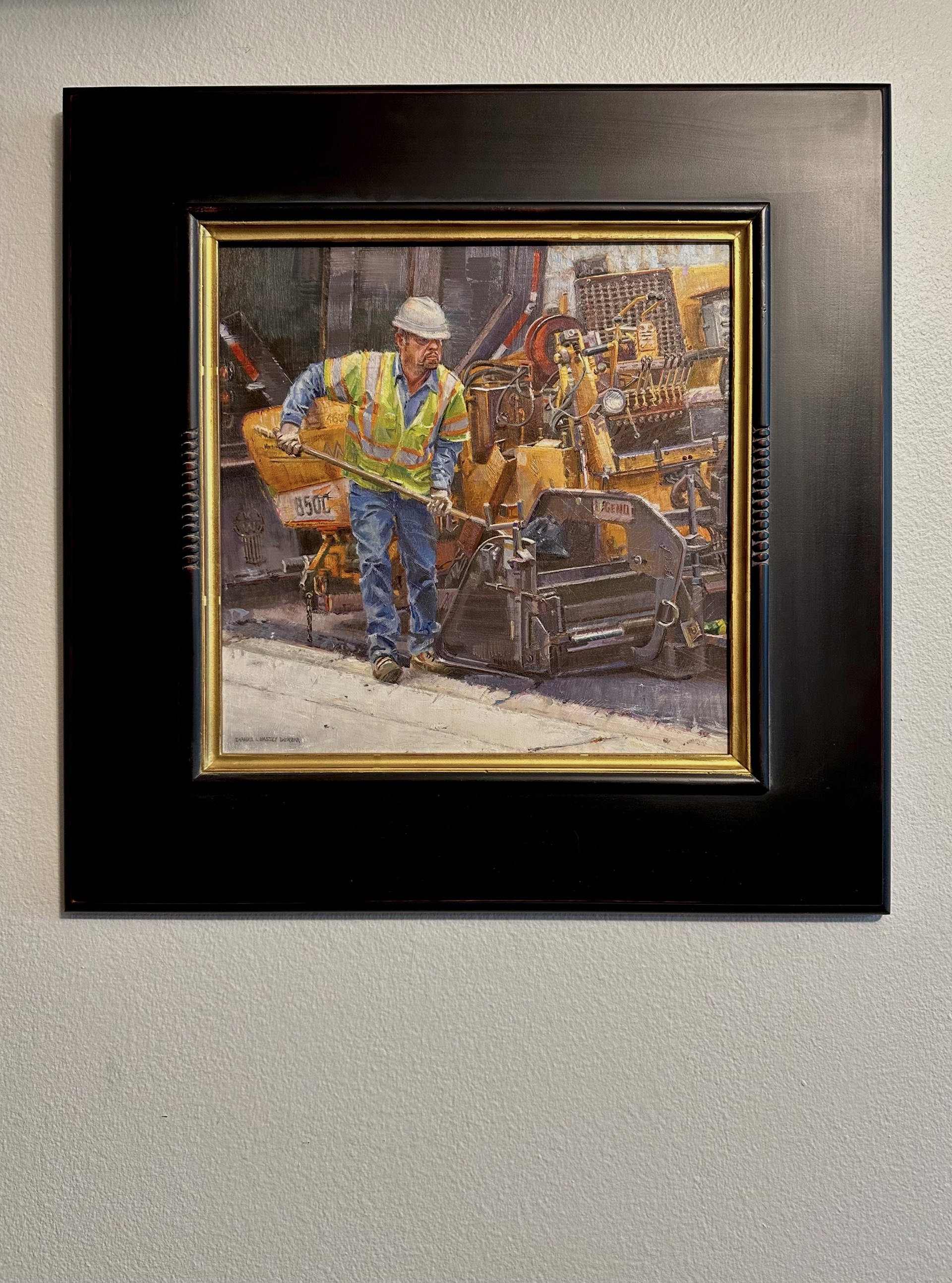 A painting of a construction worker working on a construction site.