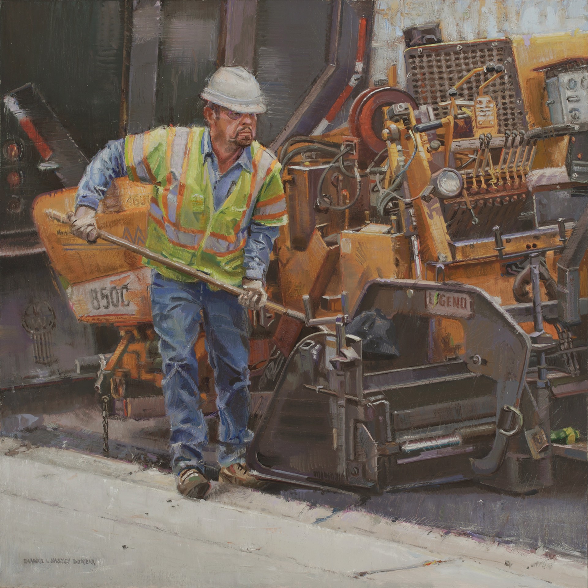 A painting of a construction worker working on a construction site.