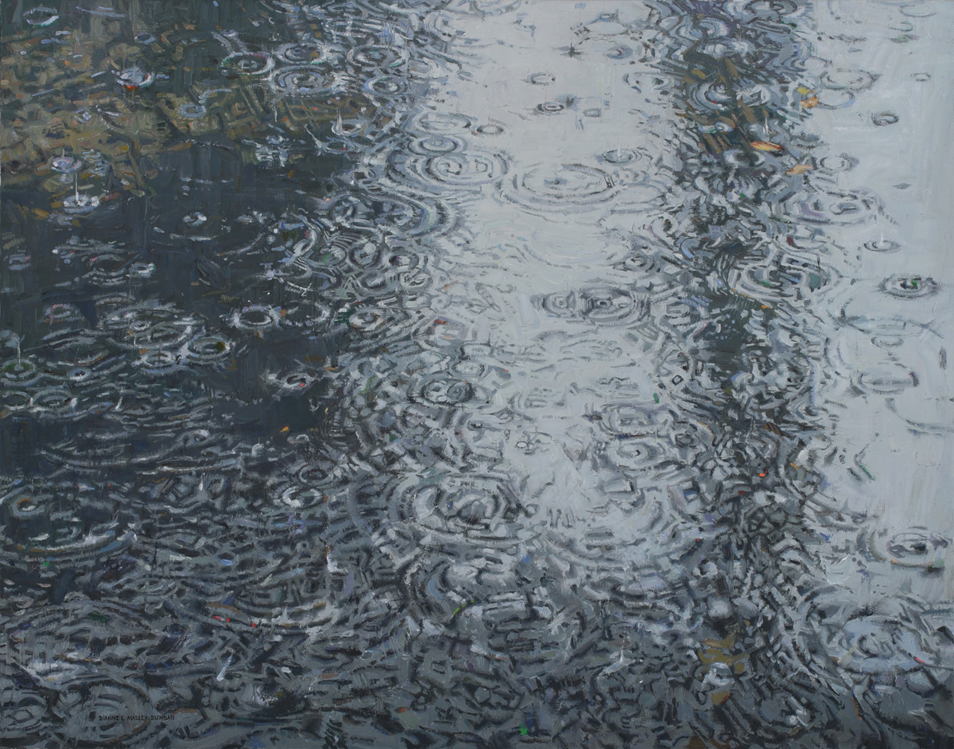 A painting of rain drops on a puddle of water. 