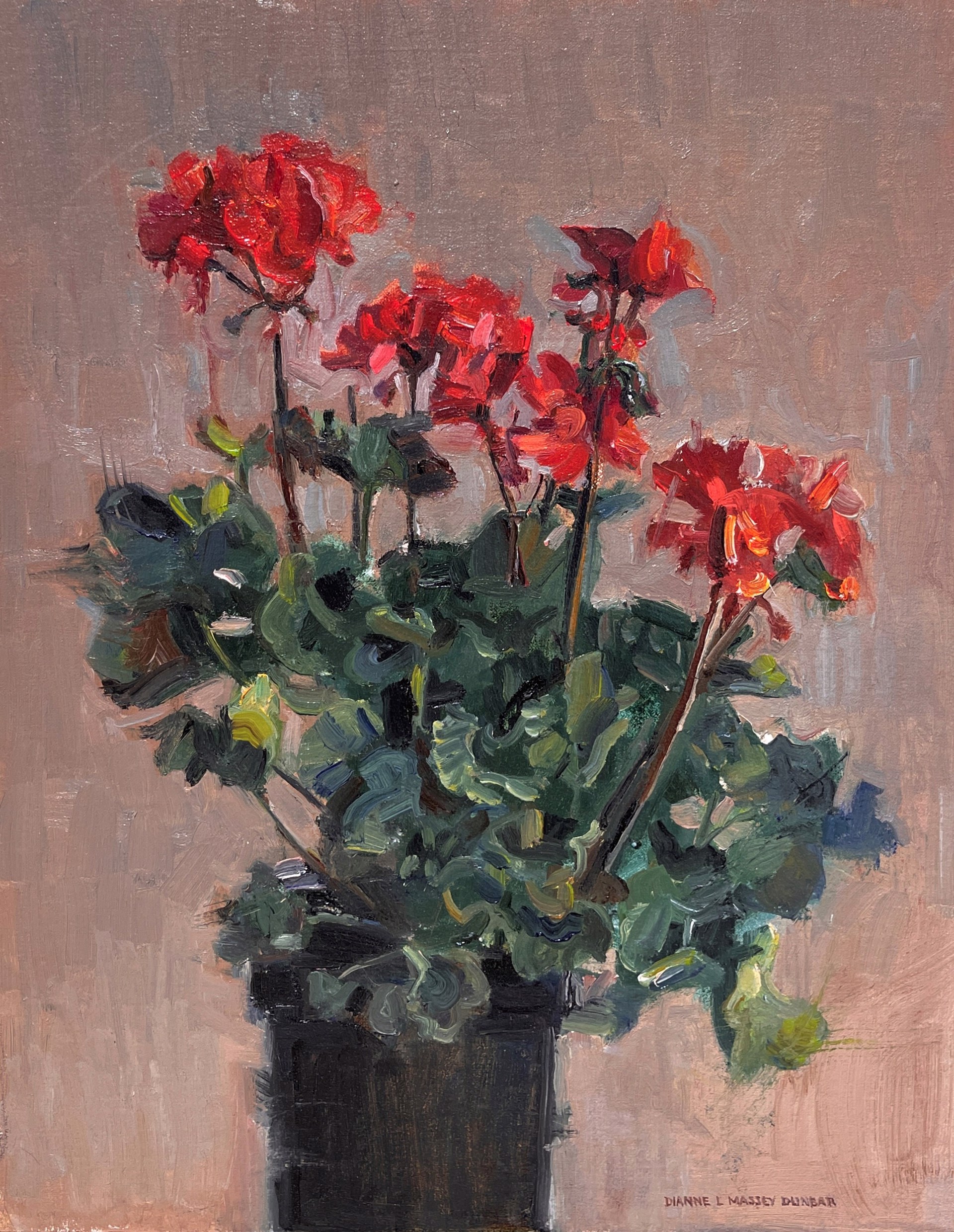 A painting of red geraniums in a black pot on a table.