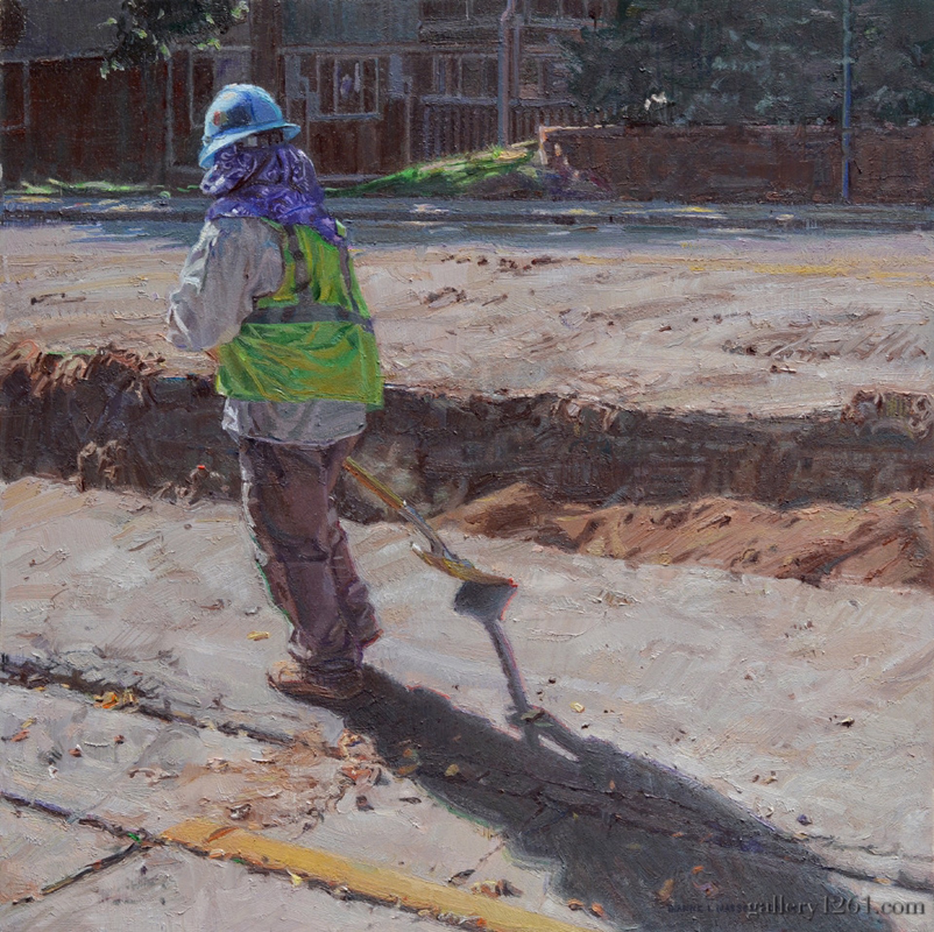 A painting of a construction worker digging a hole in the ground.