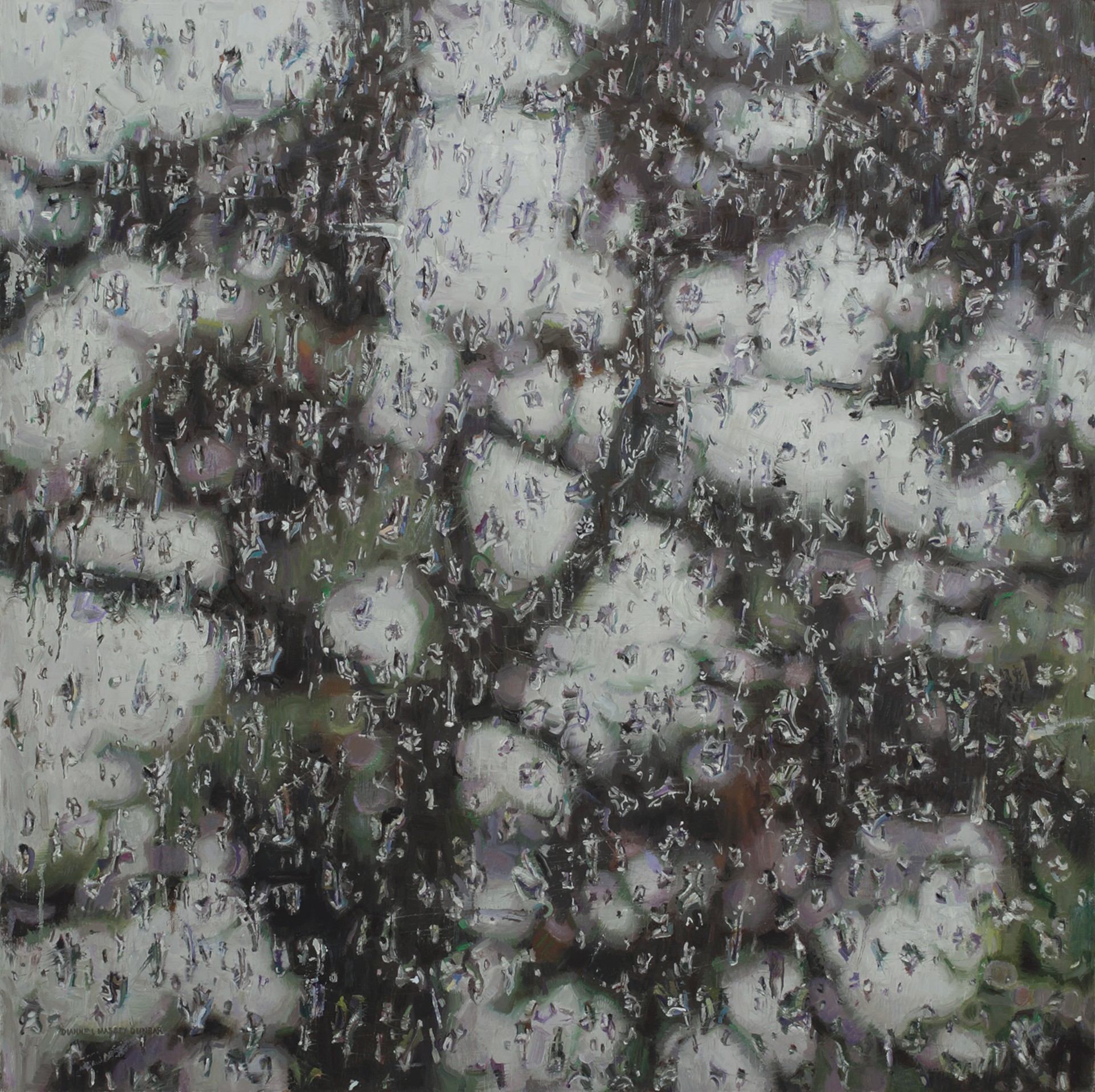 A painting of a tree covered in snow on a rainy day.