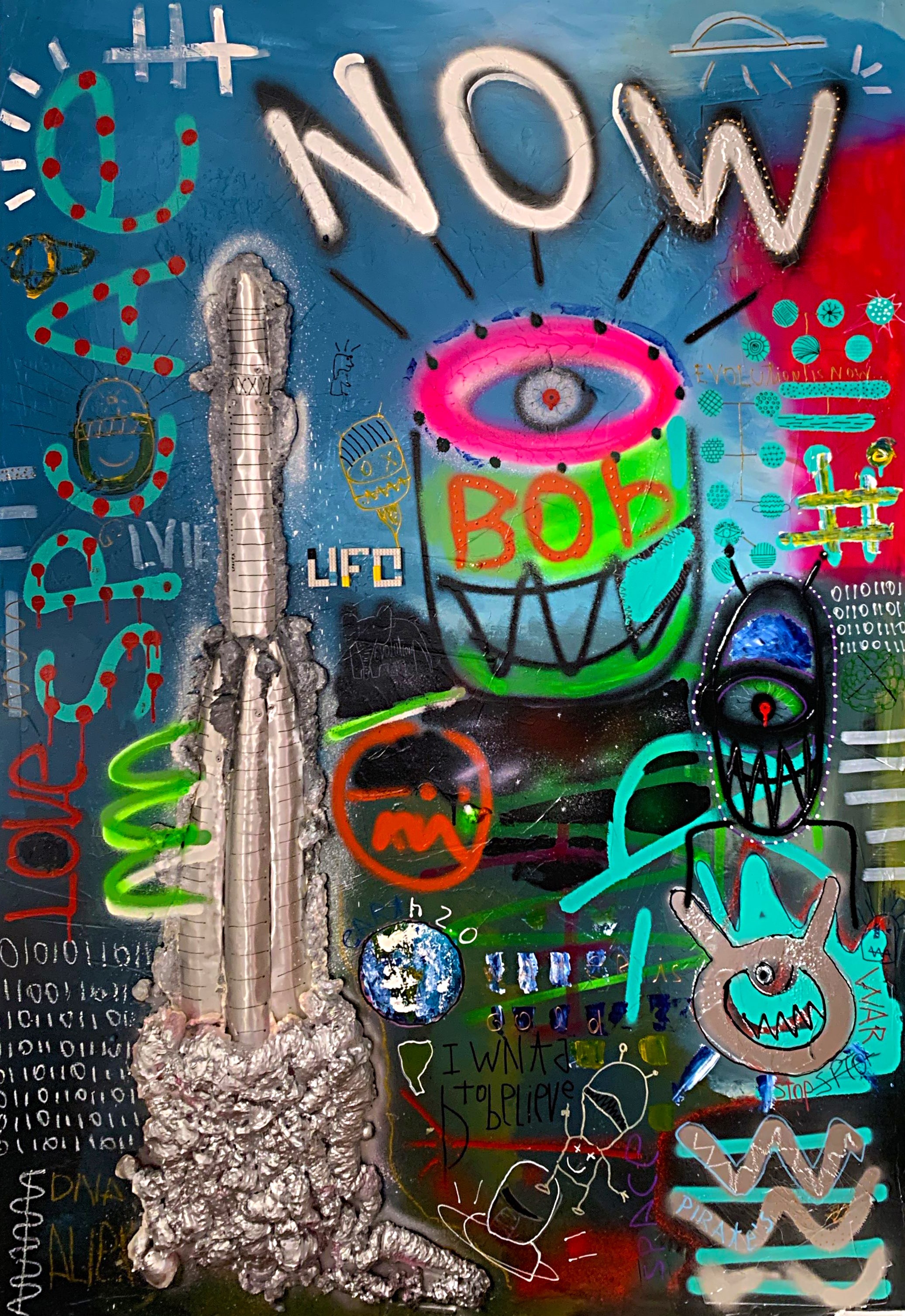 A painting of a rocket with graffiti on it.