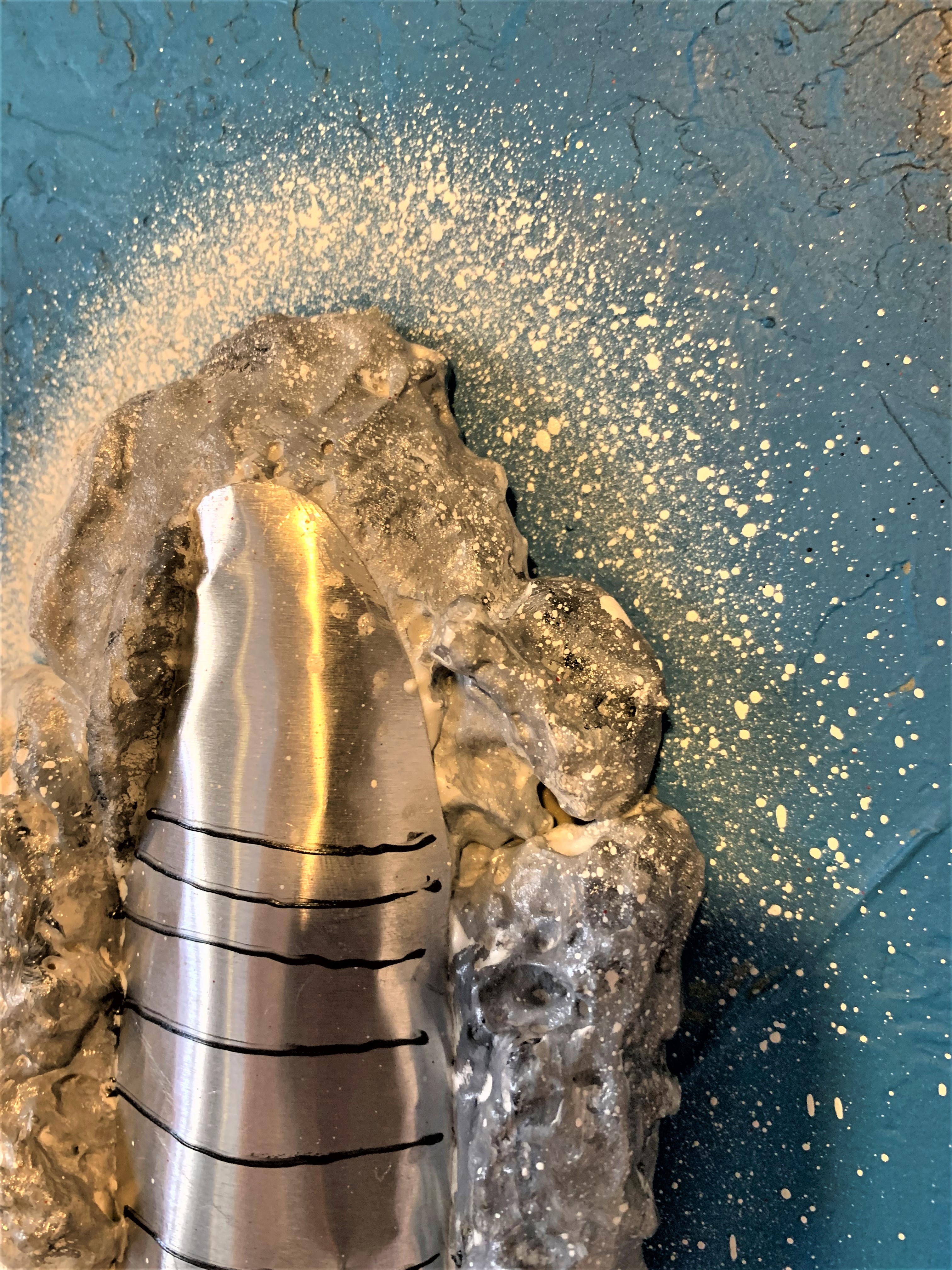 A painting of a rocket with graffiti on it.