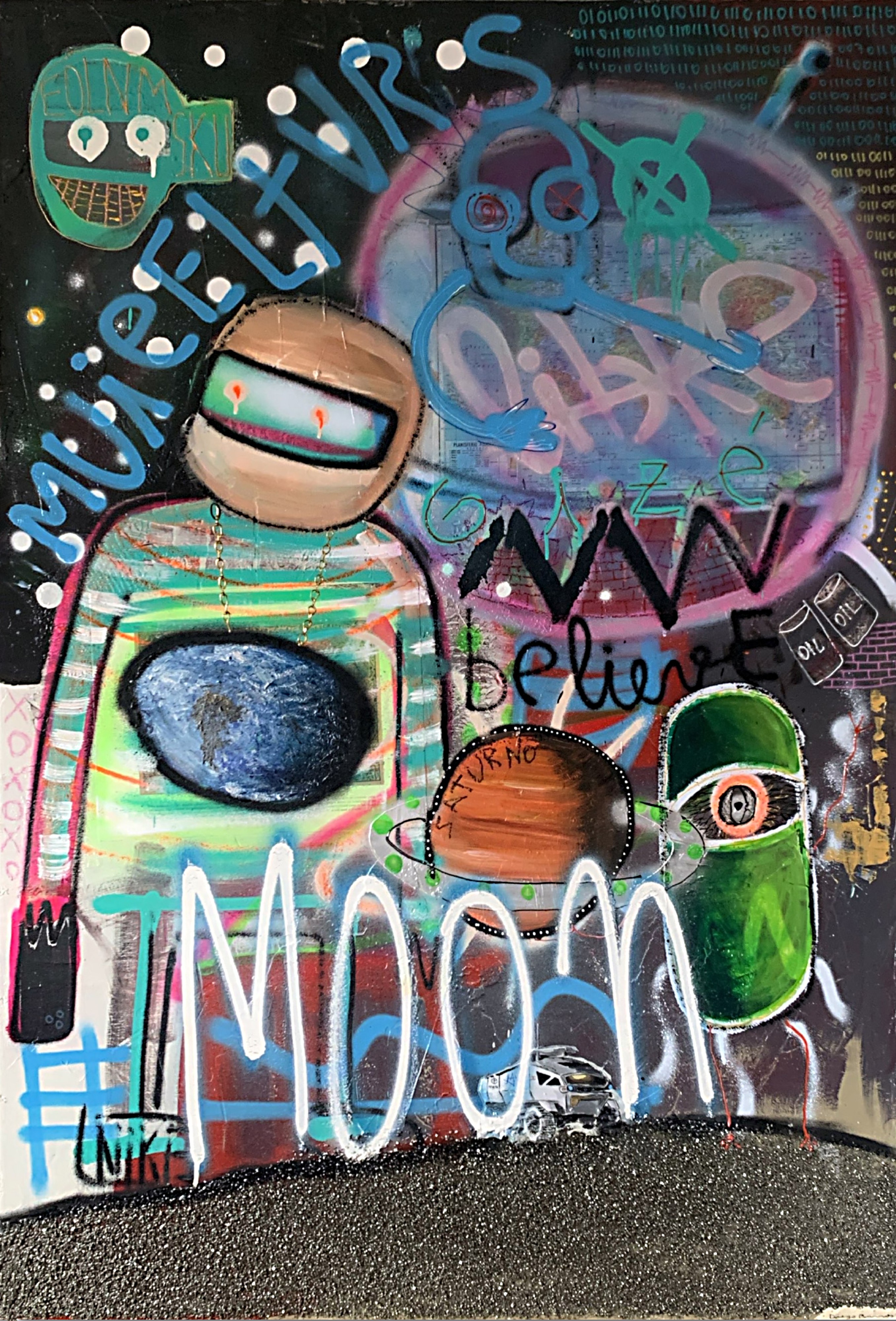 A painting of a man and a woman with graffiti on a wall.