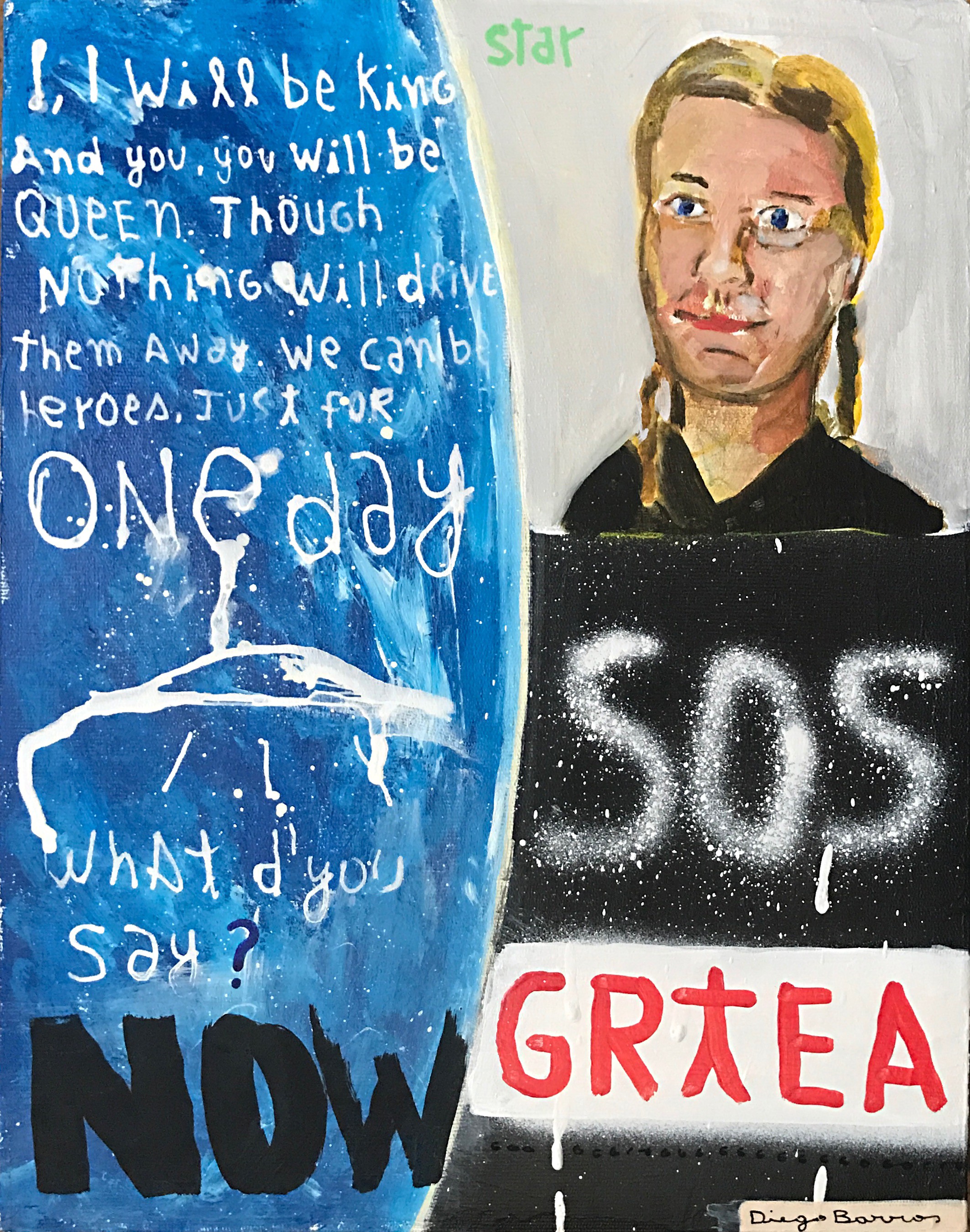 A painting of a woman holding a sign that says "I will be king and you will be queen.