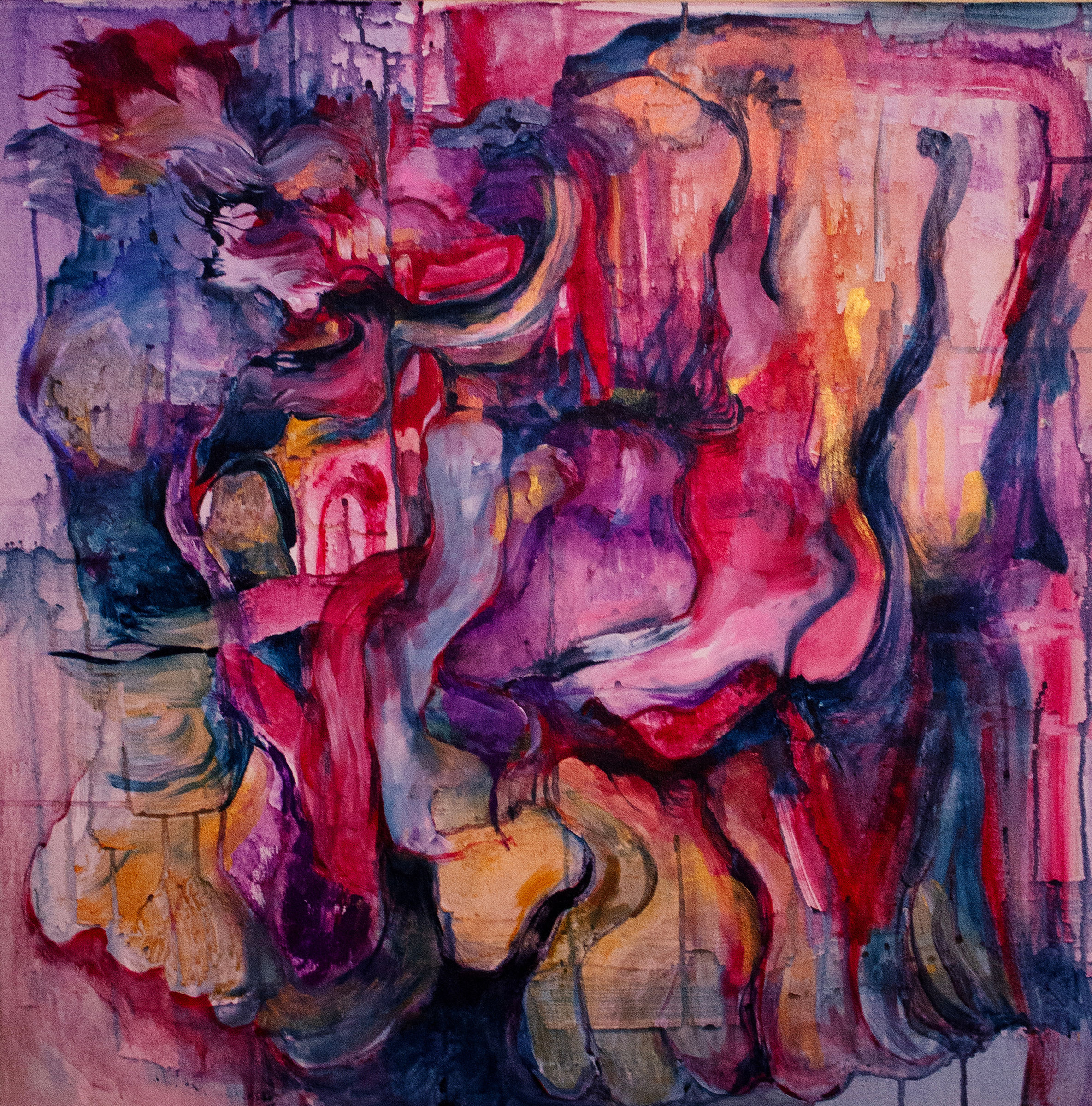 A painting of a woman in a pink and purple dress.