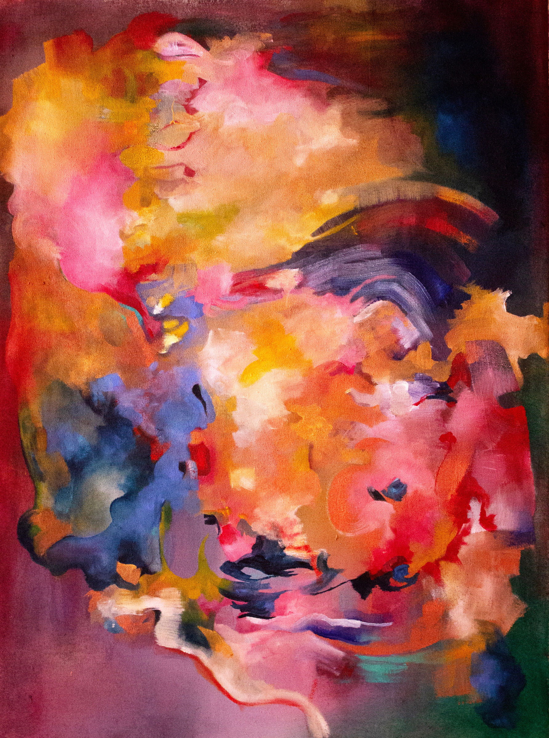 A painting of a woman's face on a colorful background.