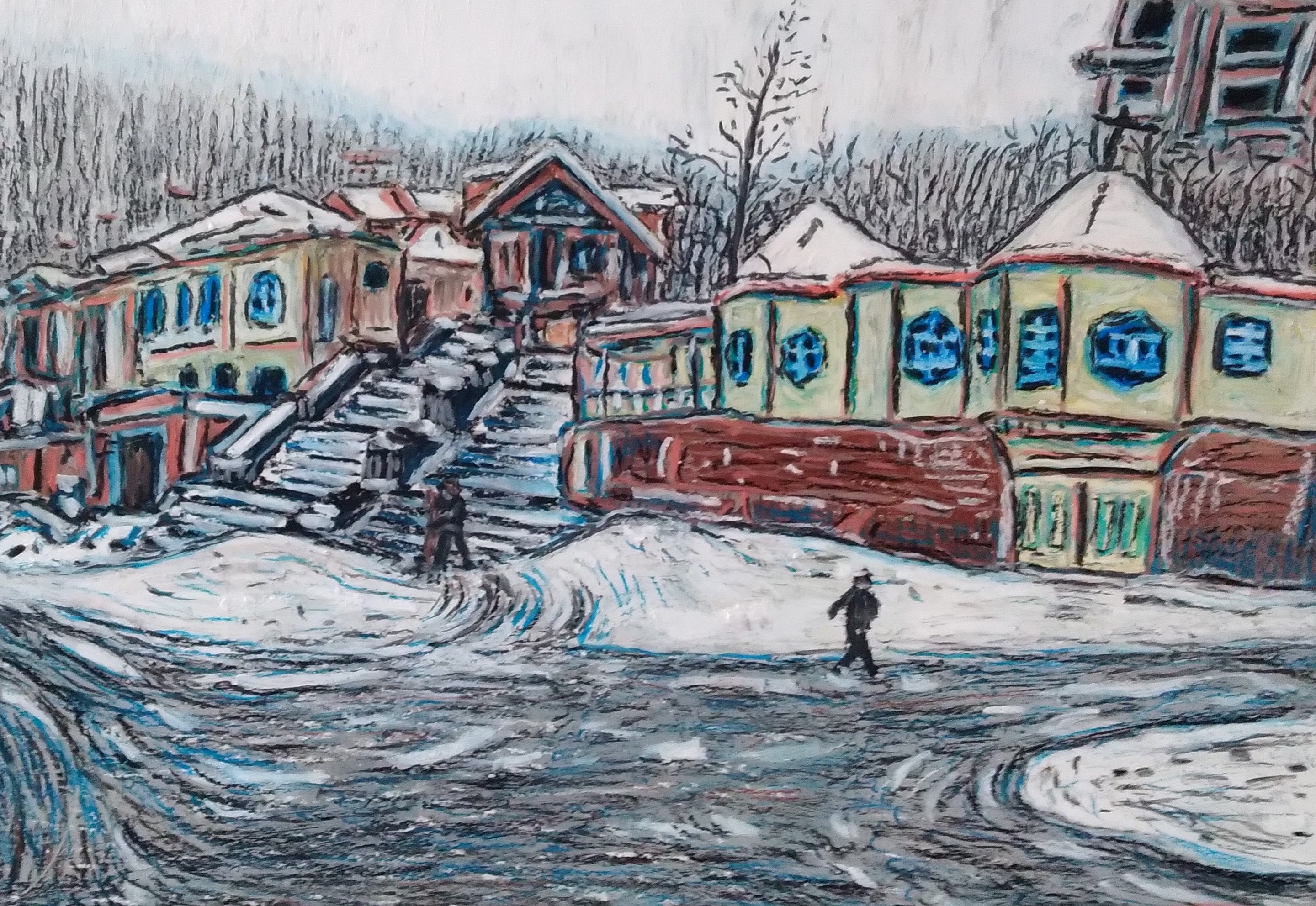 A painting of a person walking down a snowy street.