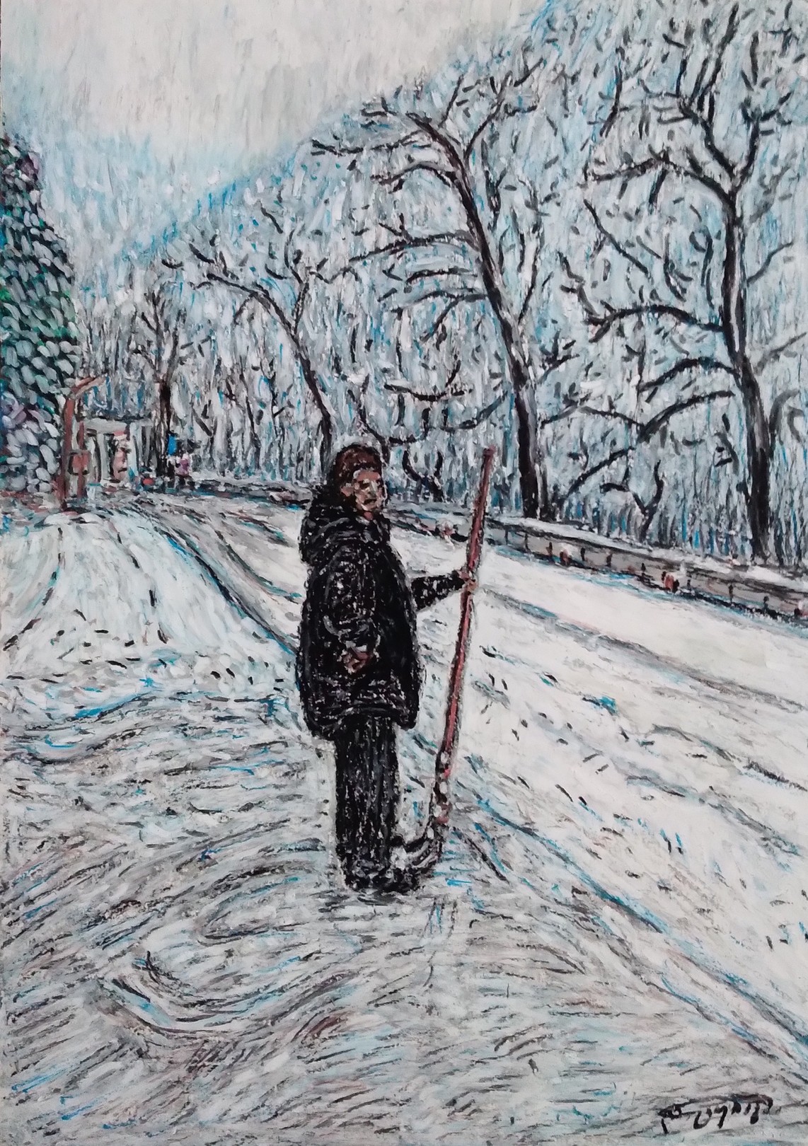 A painting of a person walking in the snow with a sled.