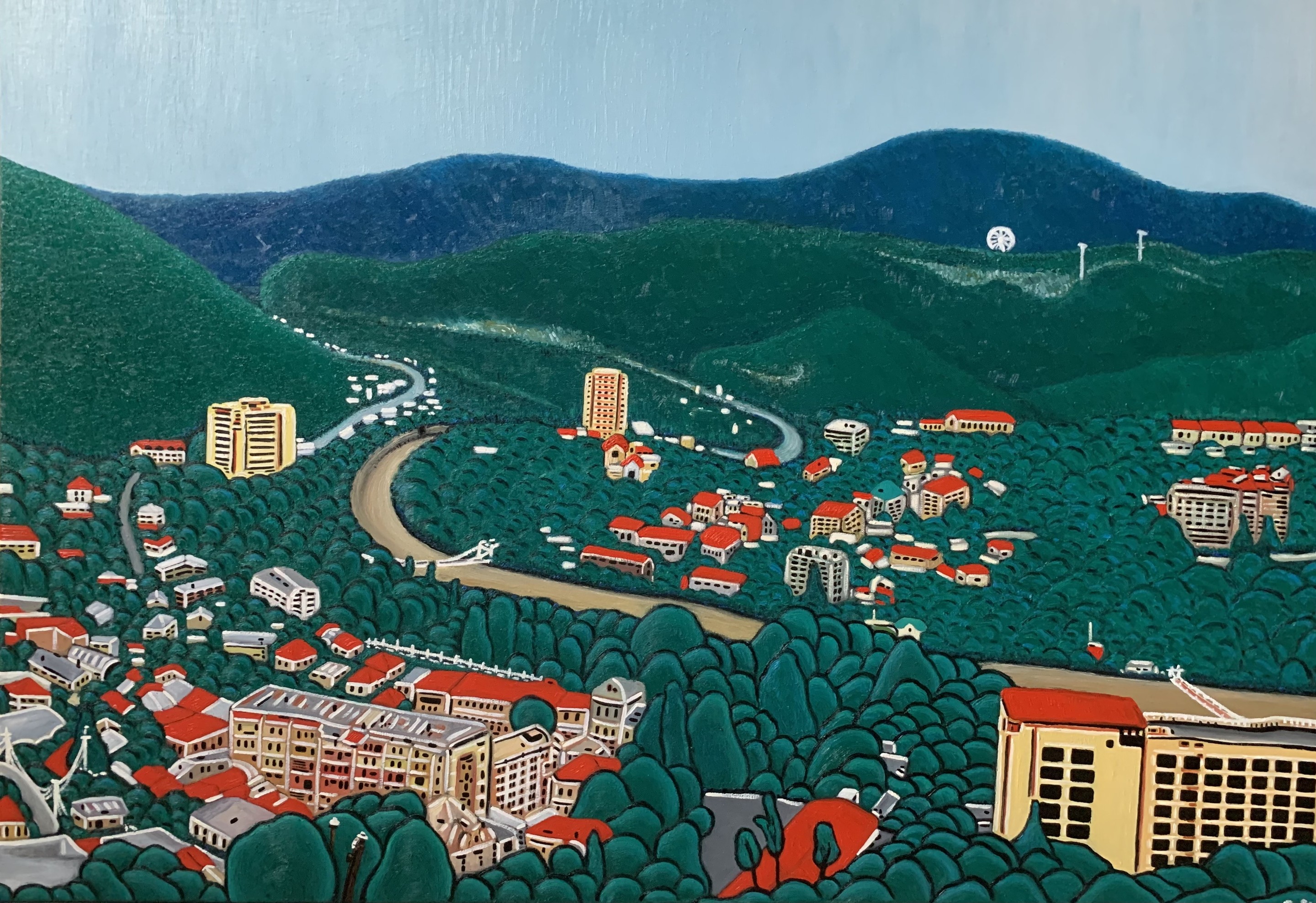 A painting of a city with mountains in the background.