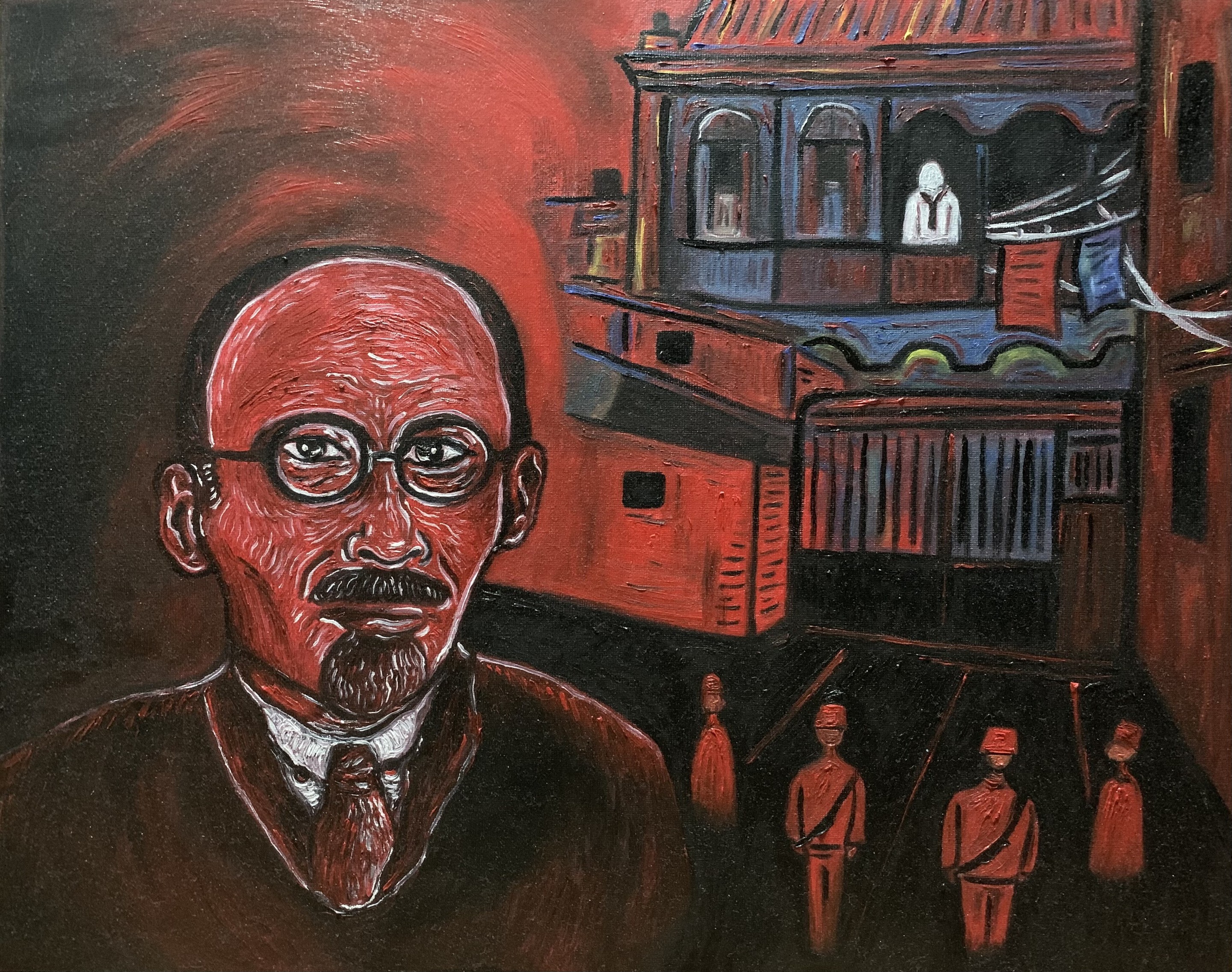 A painting of a man with glasses and a mustache.