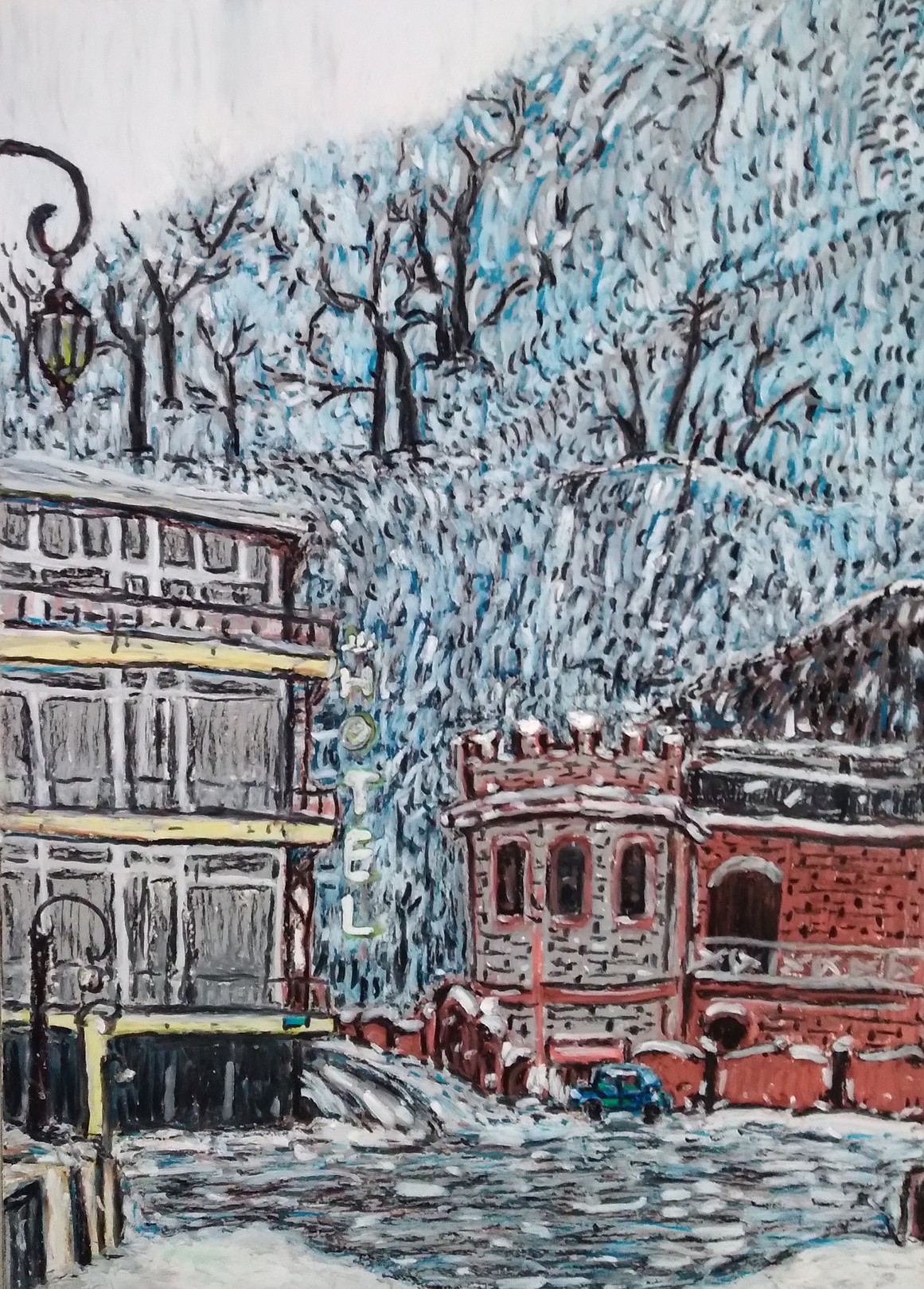 A painting of a snowy street scene with buildings and trees.