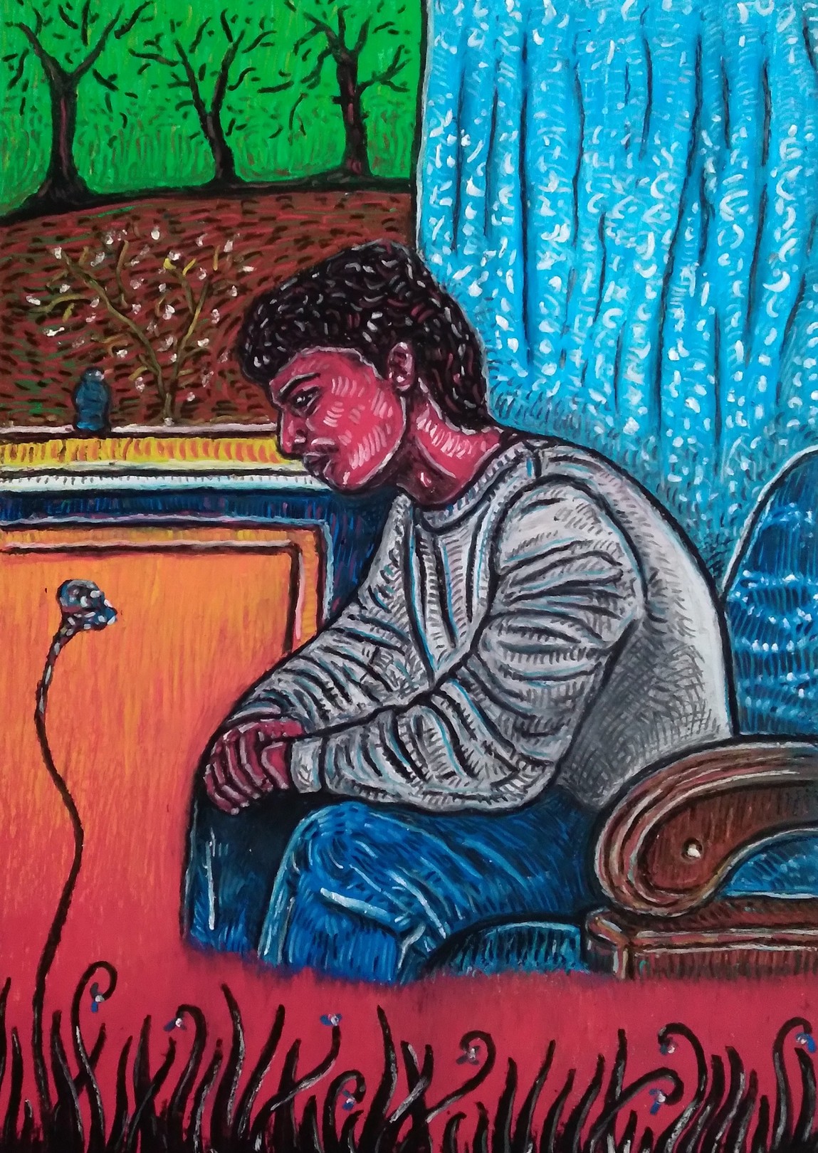 A painting of a man sitting on a couch in front of a window.