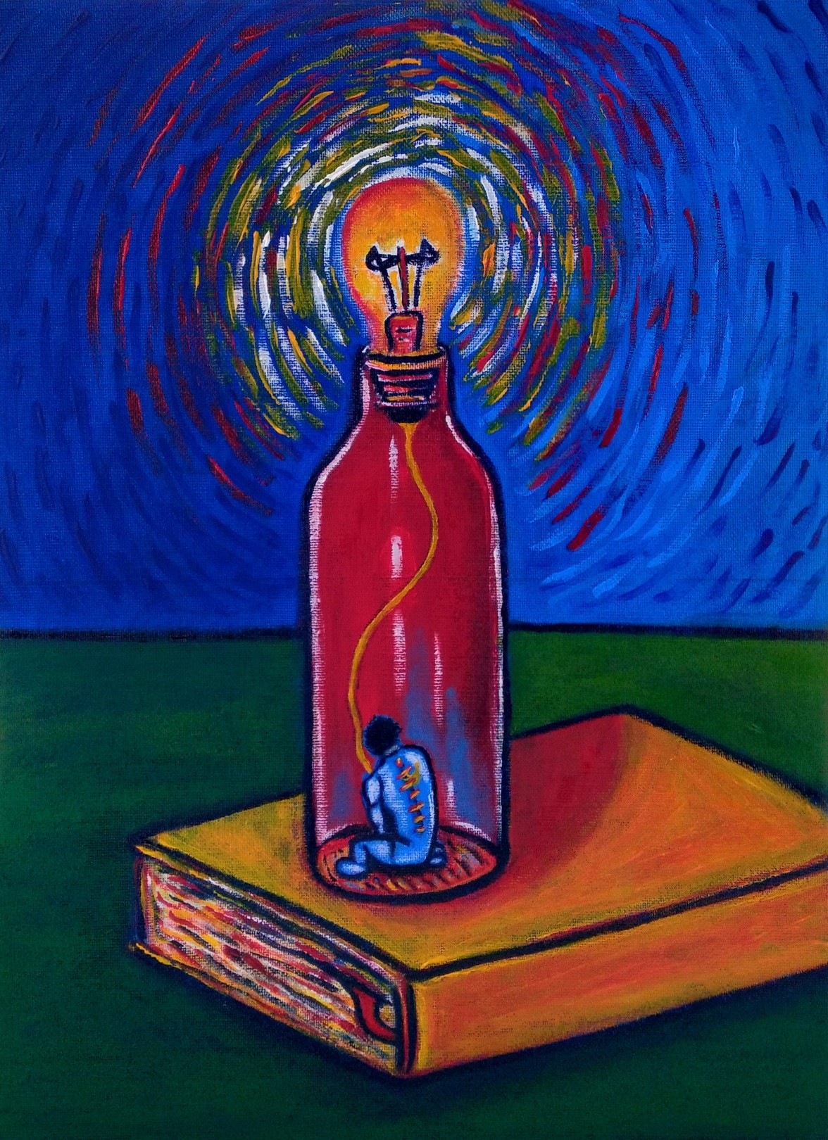 A painting of a light bulb sitting on top of a book.