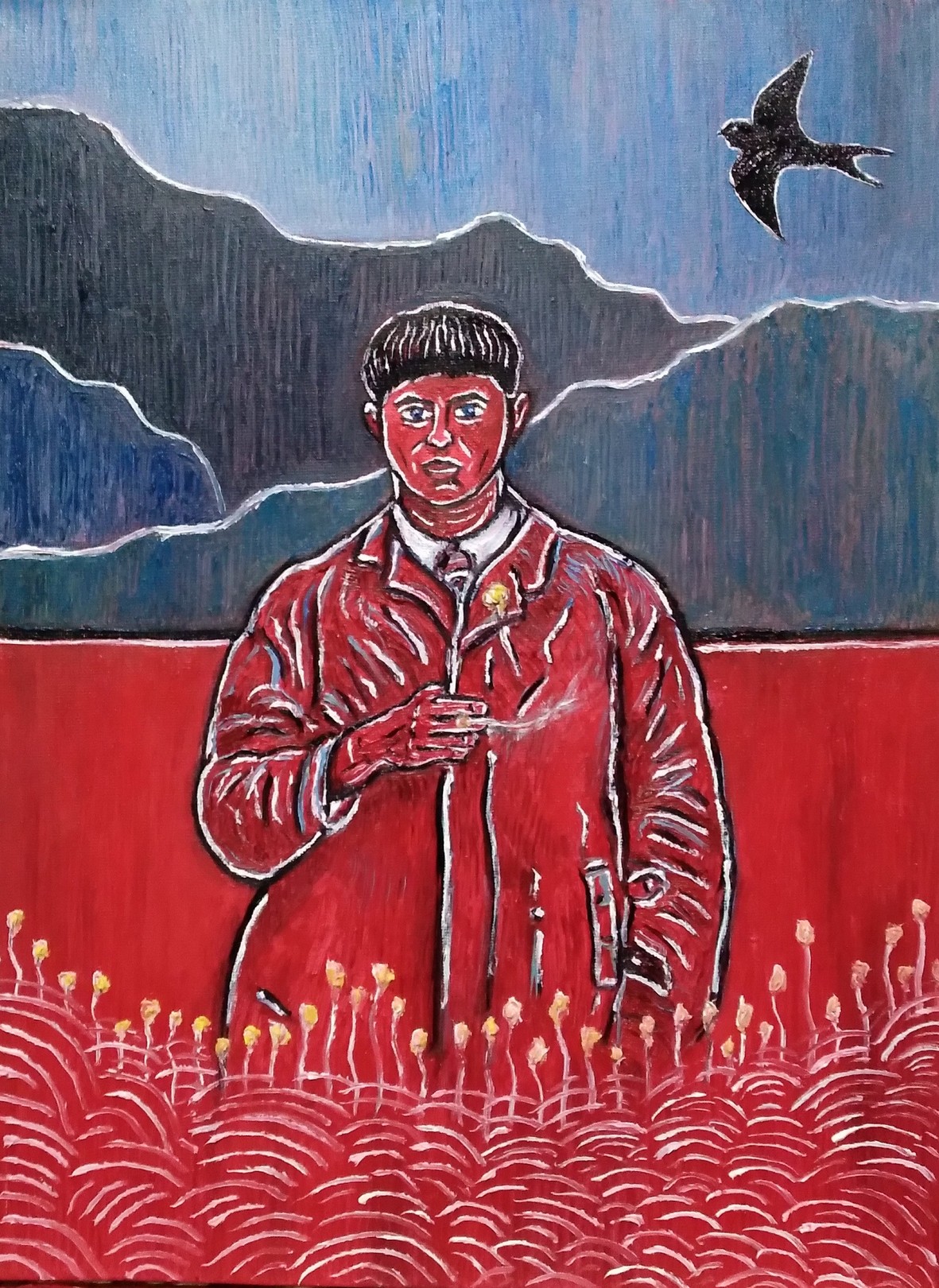 A painting of a man standing in a field of flowers.