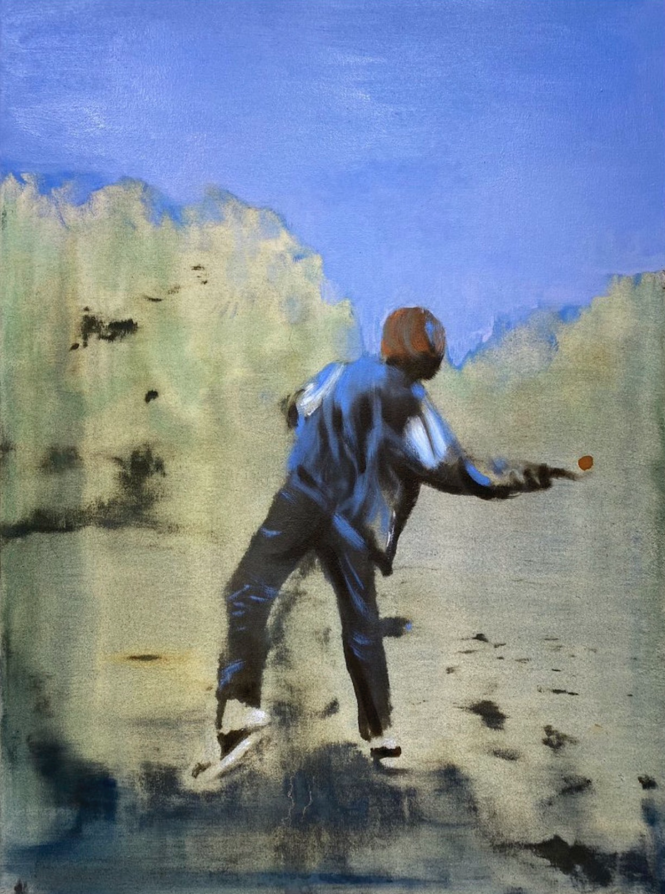 A painting of a man throwing a ball in the air.