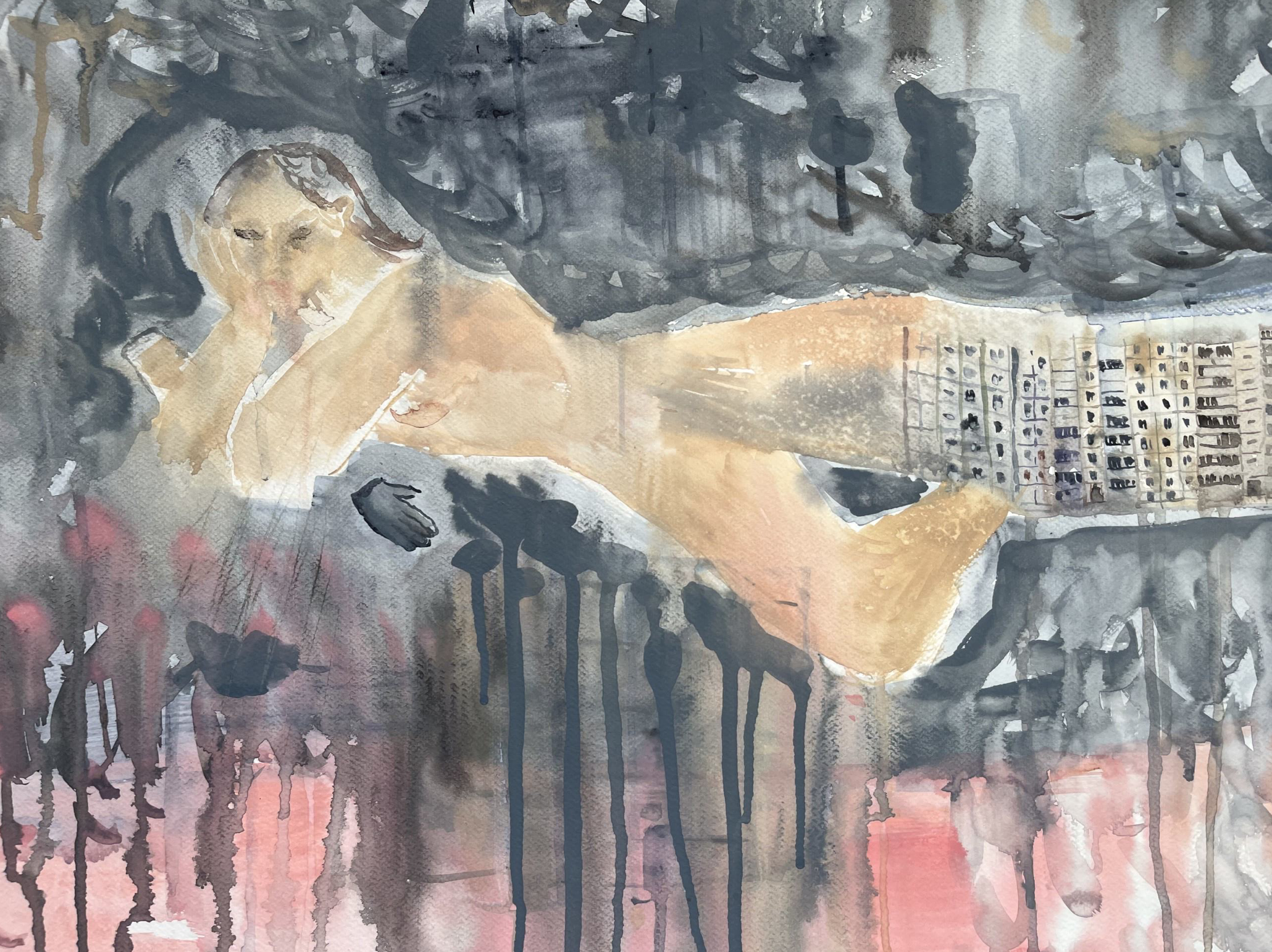 A watercolor painting of a nude woman laying on a bed.