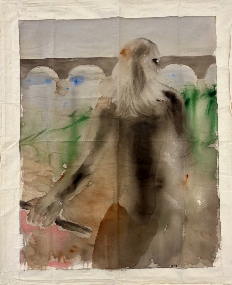 A watercolor painting of a woman sitting in a field of flowers.