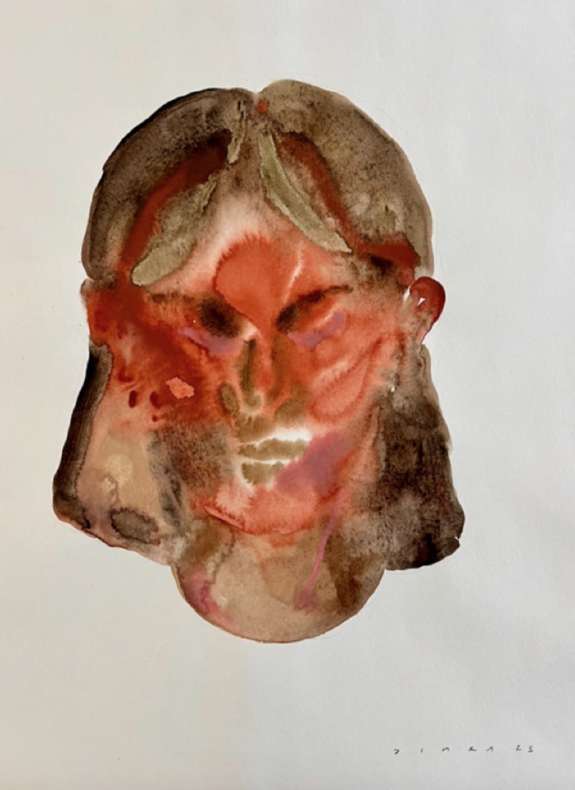 A watercolor painting of a woman's face on a white background.