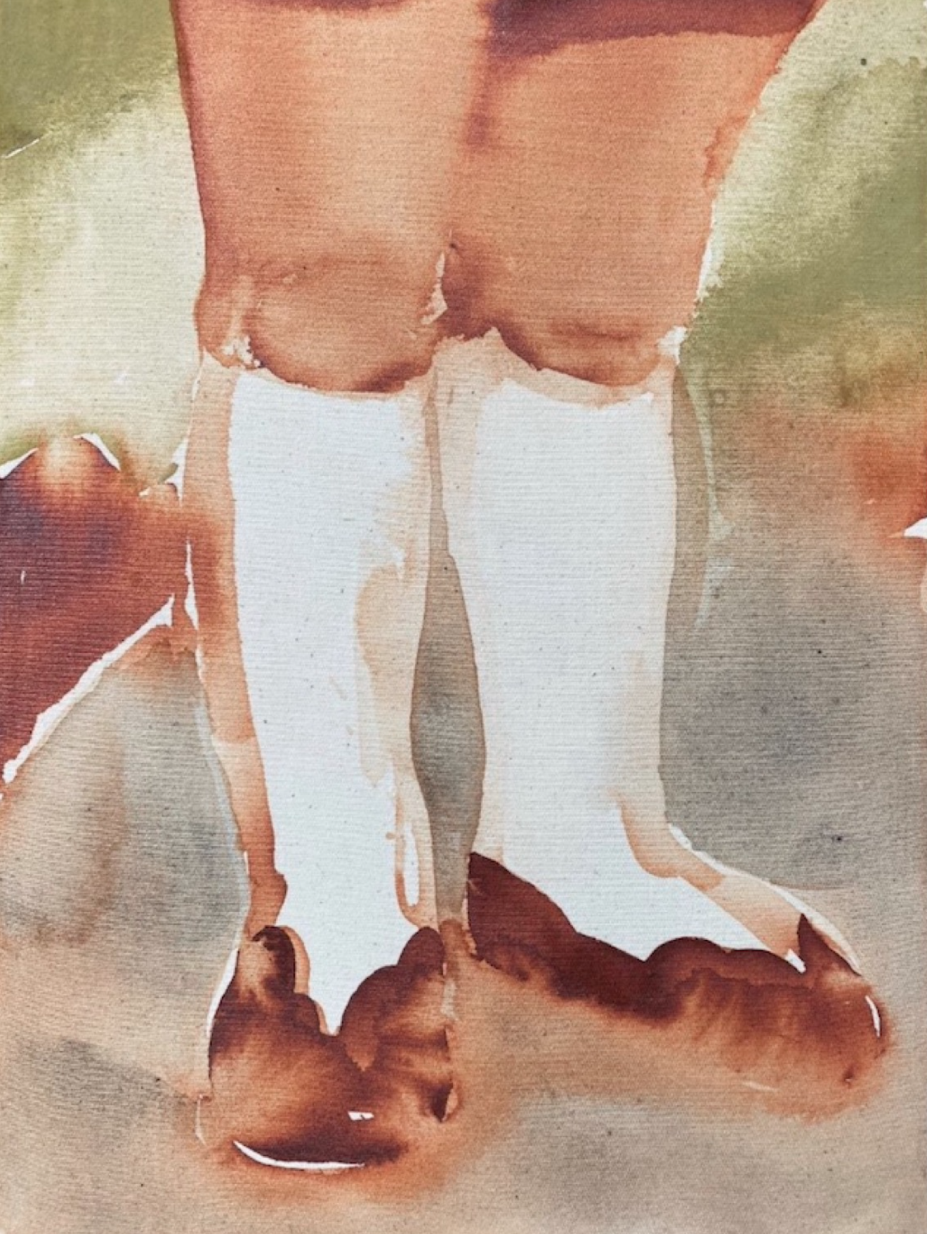 A watercolor painting of a woman's legs in white socks.