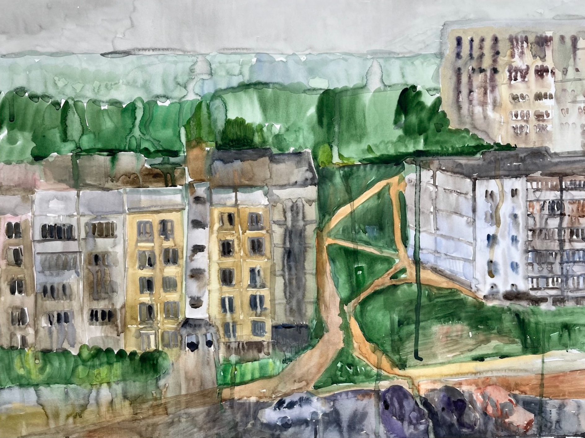 A watercolor painting of a cityscape with buildings and trees.